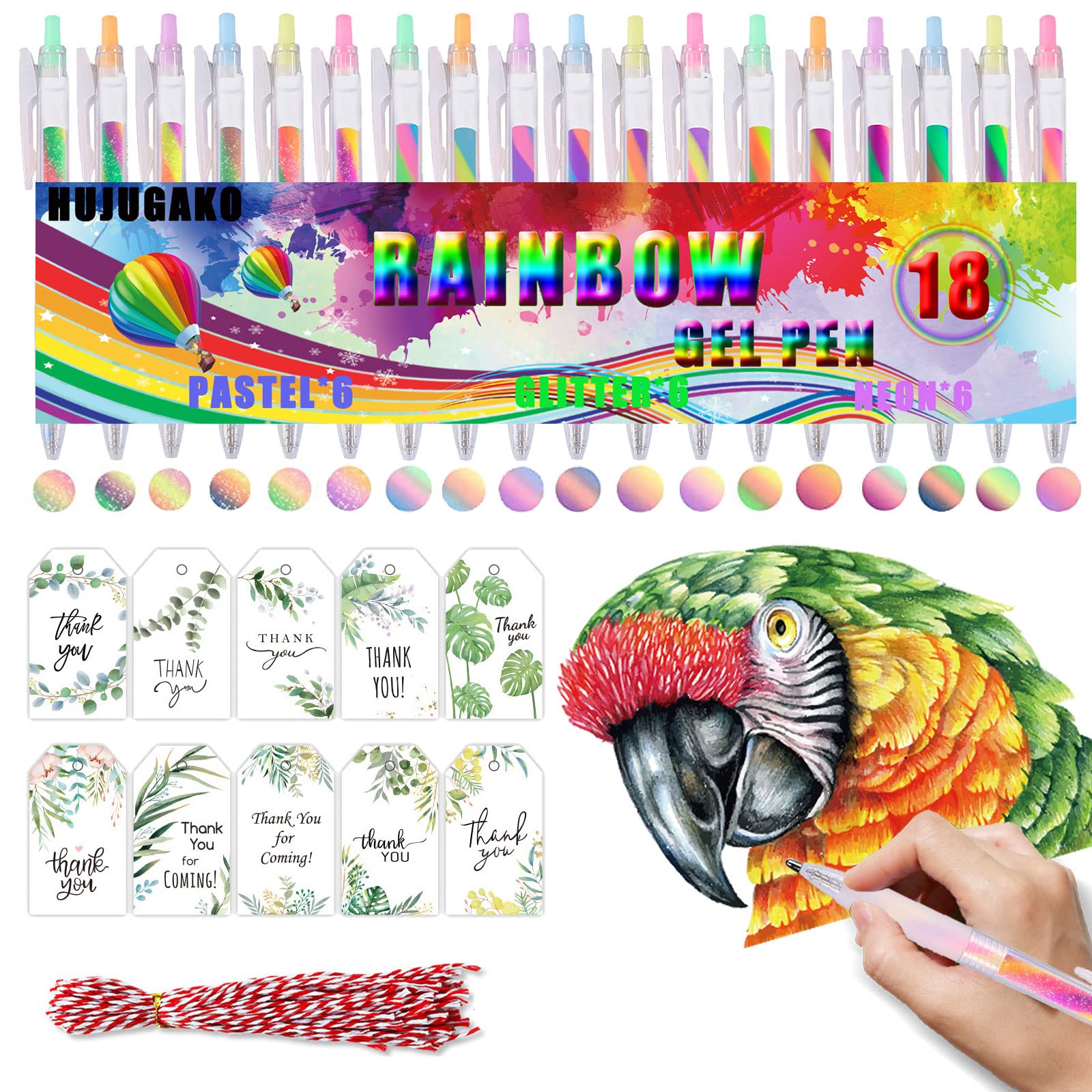 Rainbow Gel Pens,18 Colored Medium Point Pens with Glitter Crystal Pastel,300% More Ink Write Smooth for Adults Coloring Books Doodling Crafts Scrapbooks Journaling