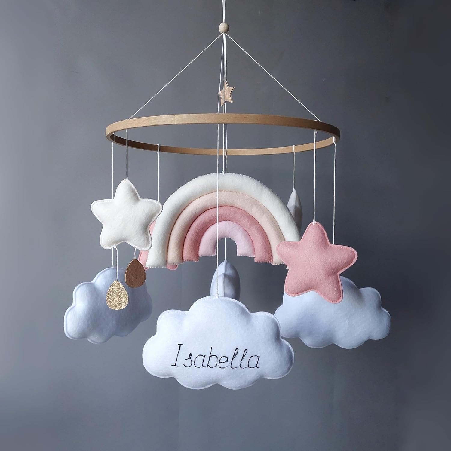 Crib Mobile for Girls with Pink Rainbow Clouds Stars Boho Baby Mobile Over Crib Baby Girl Nursery Decor