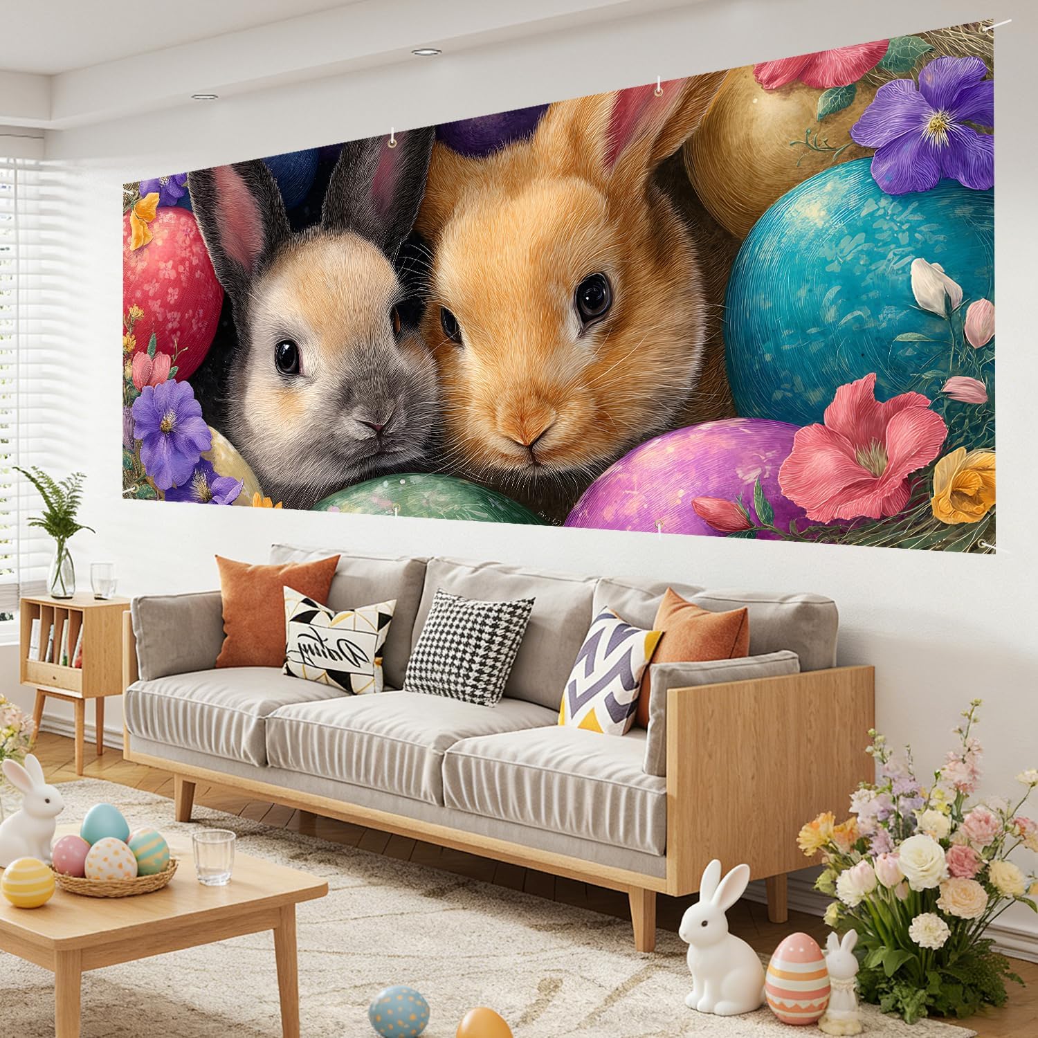16x7Ft Easter Garage Door Cover Banner, Cute Bunnies with Colorful Easter Eggs and Flowers, Large Outdoor Garage Door Decoration for Spring Holiday Yard Decor