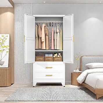 pozdeg 71 Metal Armoire Wardrobe Closet, Tall Clothing Storage Cabinet with Hanging Rods and 2 Drawers, Household Closet Organizers with Adjustable Shelves for Home Office or Gym (Armoire-White)