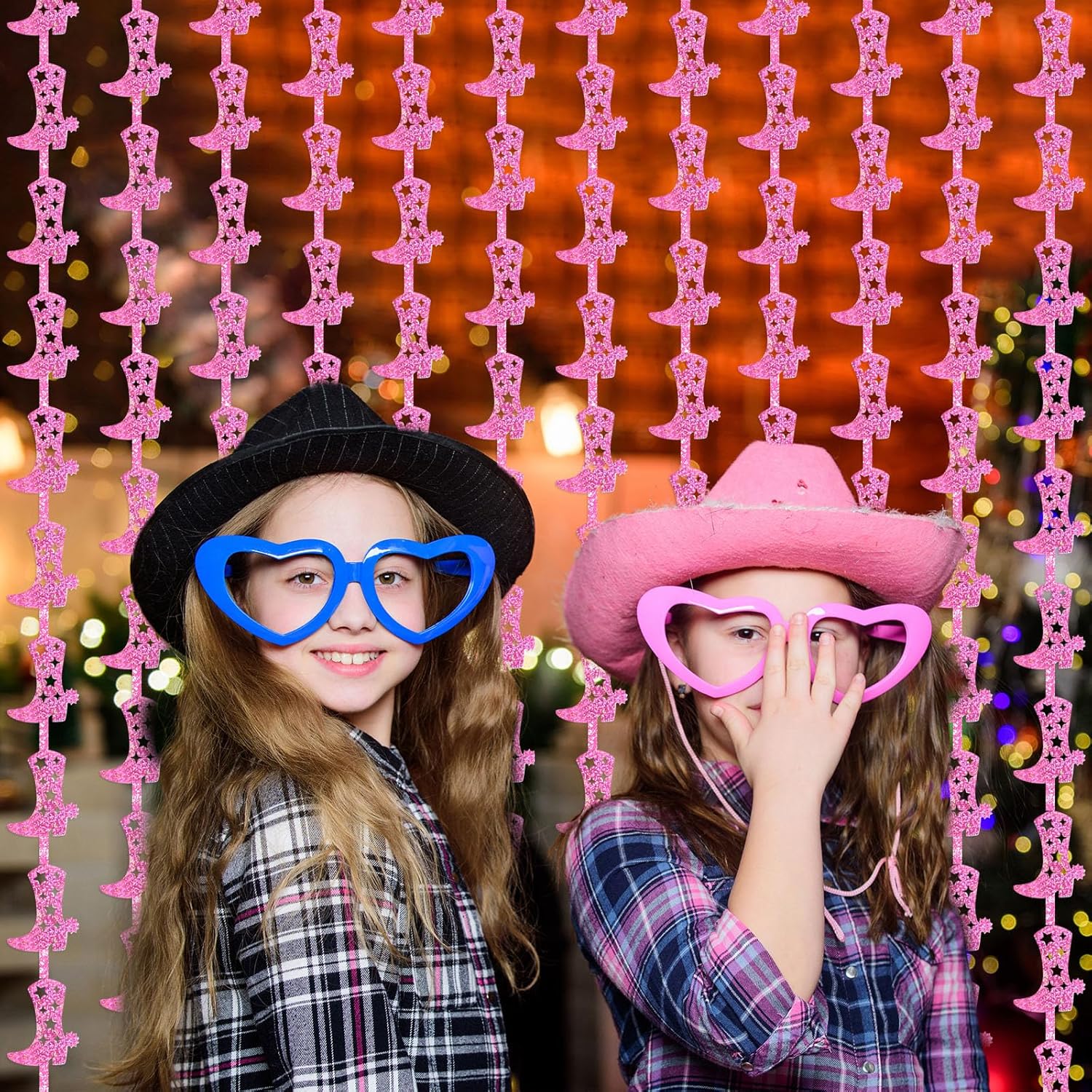 Pasimy 2 Pcs Disco Cowgirl Bachelorette Party Decorations Glitter Western Backdrop Cowgirl Boot Tinsel Foil Fringe Curtains Boots on The Ground Decorations for Last Rodeo Party Decor (Laser Pink) - Image 5