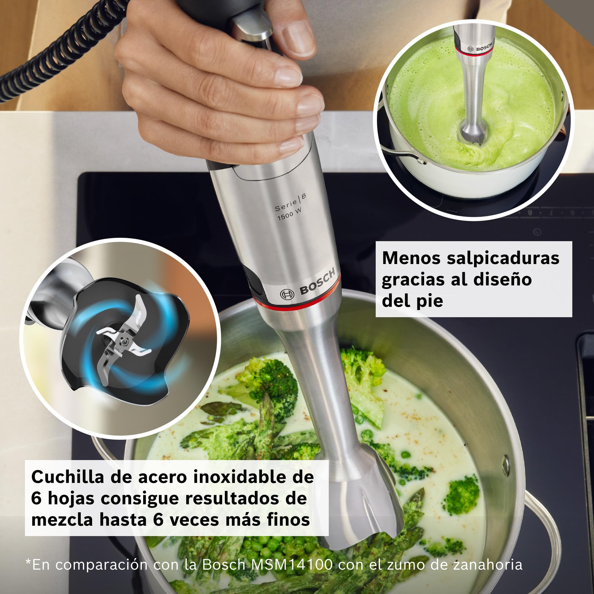 Bosch - Batidora de mano, serie ErgoMaster 8, motor de 1500 vatios, ajuste intuitivo de la velocidad, cuchilla de 6 hojas, accesorios incluidos, acero inoxidable, MSM8M934