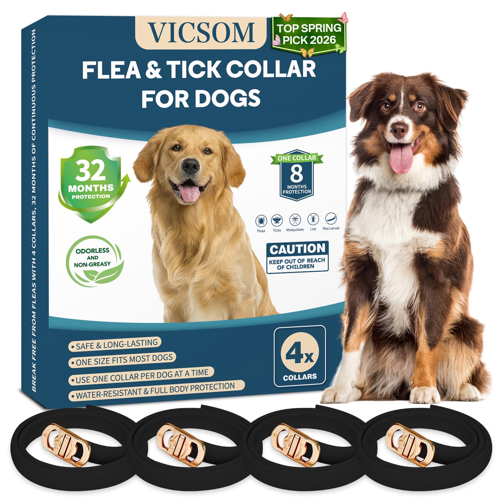 4 Pack Flea & Tick Protection for Dogs, 32-Month Waterproof Adjustable Repellent Collar, Long-Lasting Pest Prevention for Small Medium Large Breeds, Black
