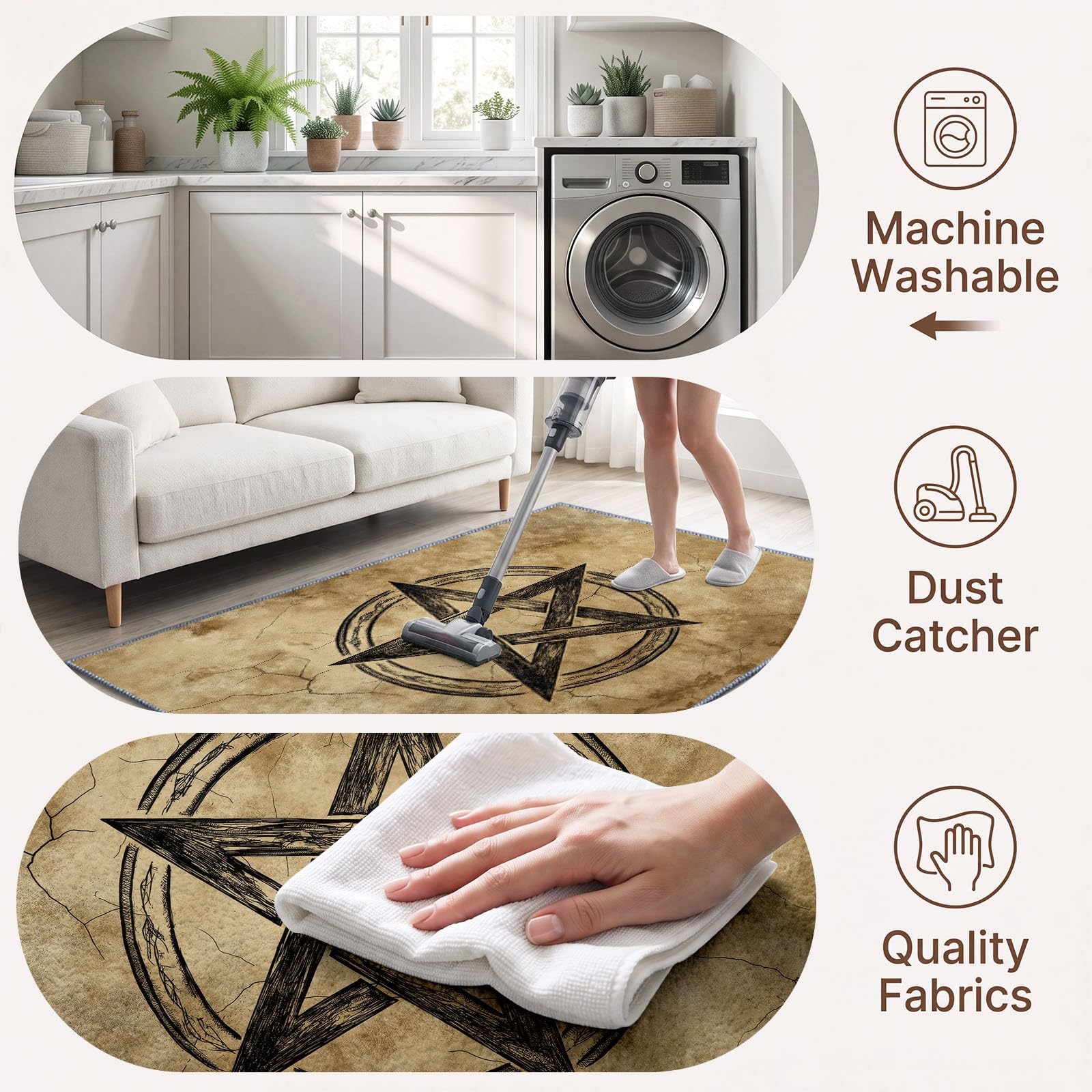 Gothique Minimaliste Tapis Antidérapant 180 x 240 cm Doux Tapis, pour Salon Chambre à Coucher Salle à Manger Étoile Cinq Branches Double Anneau Cercle Lavable Poils Ras Lavable Poils Courts Moquette