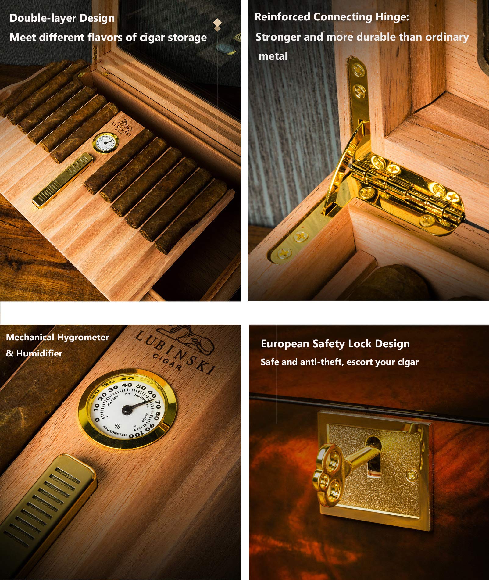 LUBINSKI Cigar Humidor with Humidifier Hygrometer Holds 50 Cigars