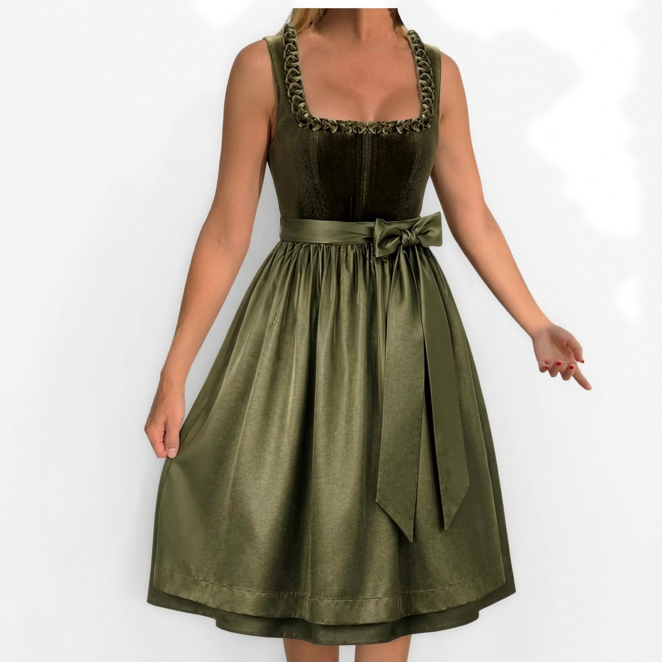 Generisch Dirndl Damen Lang Trachtenkleid Dirndlkleid Trachtenrock Elegant Trachtenmode Kleid 2 teilig Oktoberfest Outfit mit Dirndlschürzen