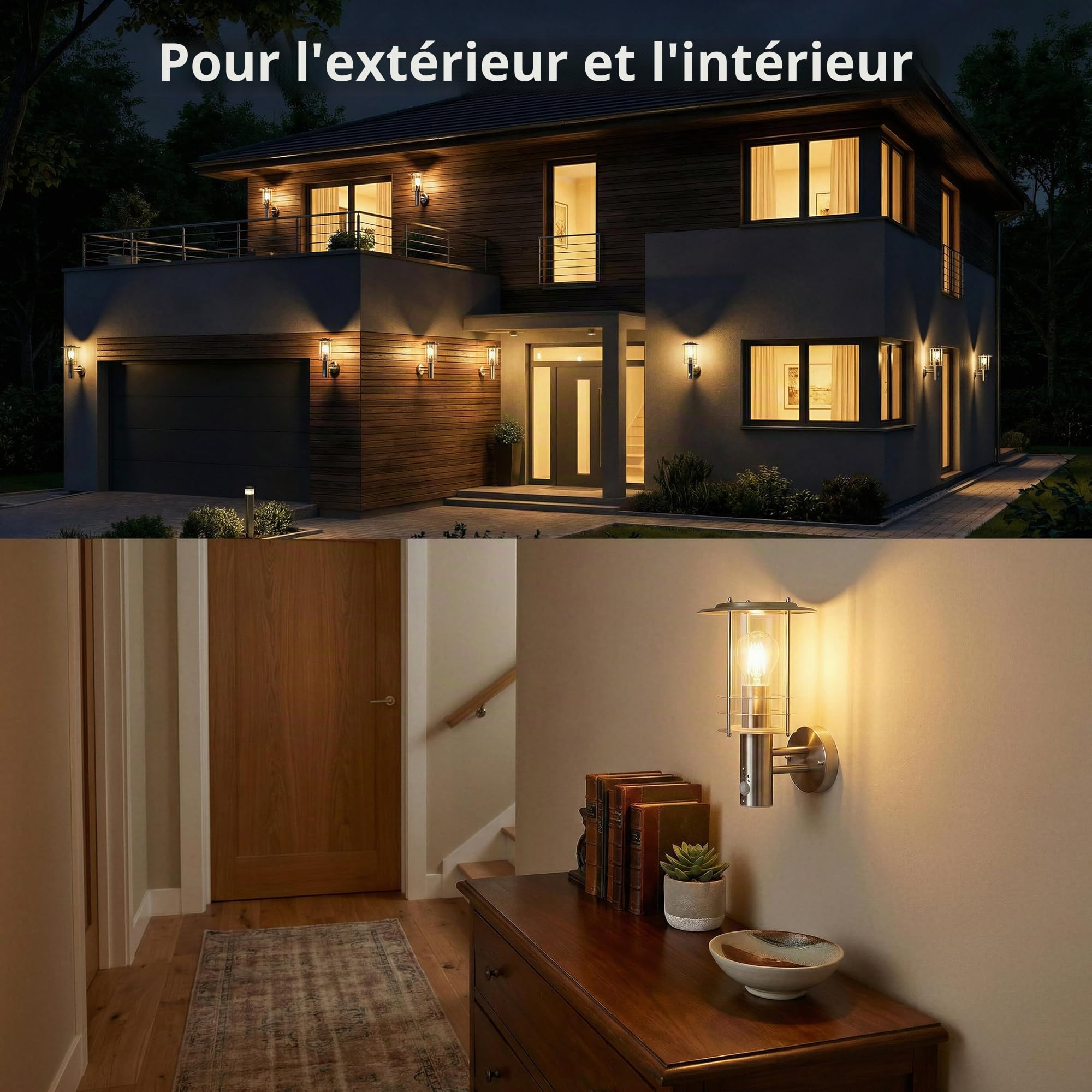 grafner® Design Applique murale en acier inoxydable avec détecteur de mouvement E27 Lampe murale intérieur et extérieur IP44