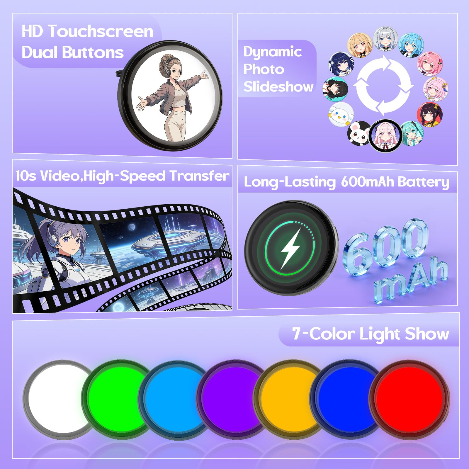 Insignia electrónica, alfileres de anime compatibles con imágenes y vídeos para mochilas, broche de pantalla táctil para mochilas, música, eventos escolares festivos (negro)