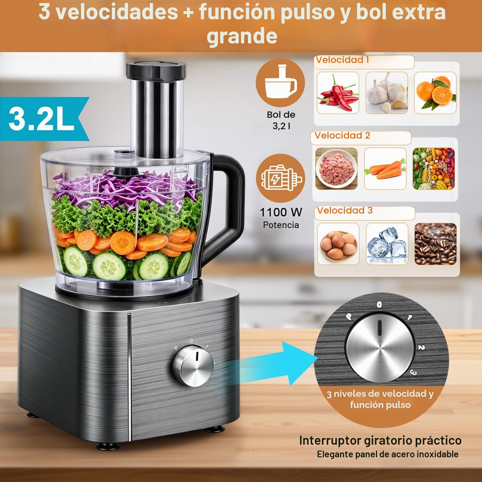 TopStrong Procesador de Alimentos, 800W Robot de Cocina, 3 Velocidades y Pulse, Recipiente de 2L, Incluye 3 Discos de Corte, Picadora, Amasadora y Batidor