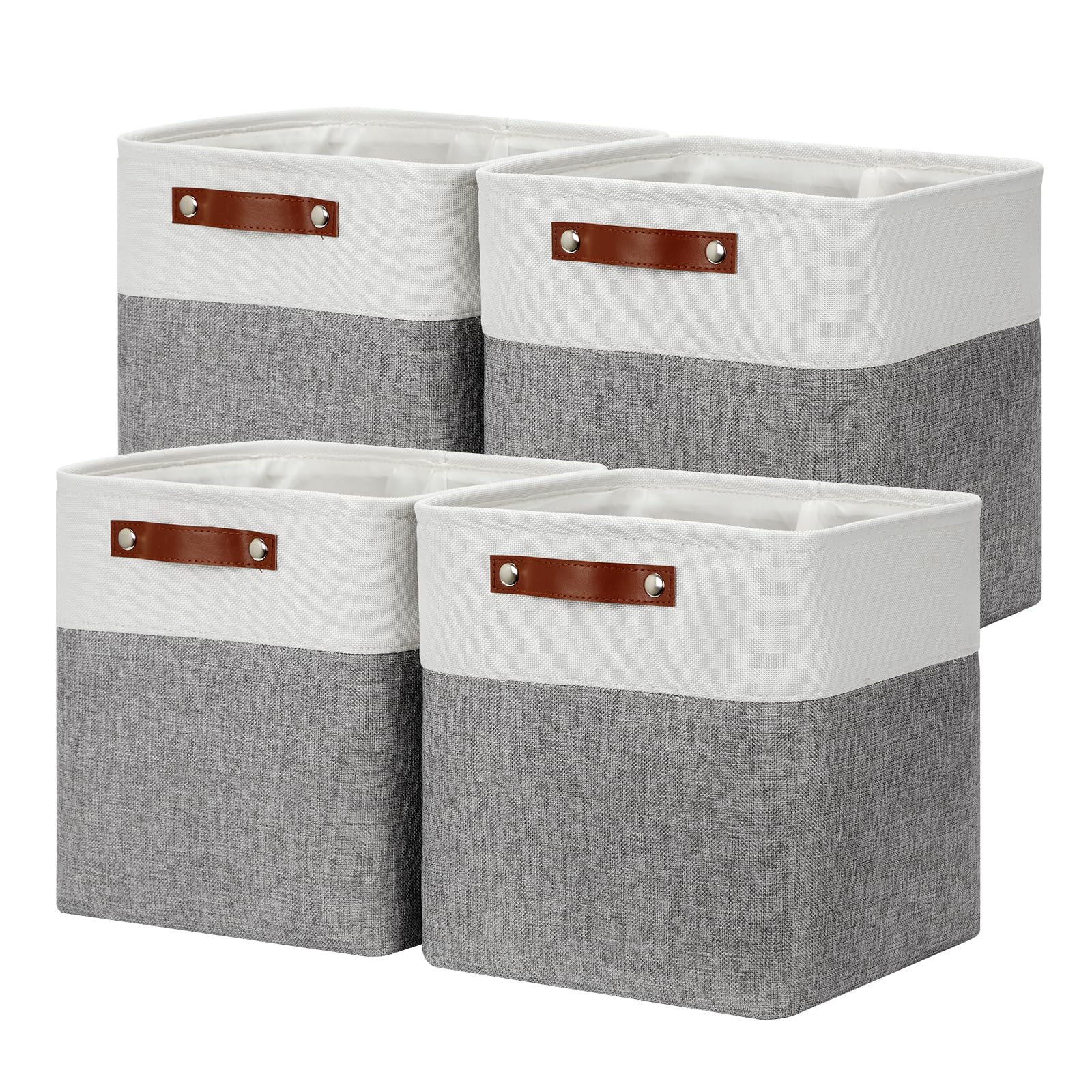 DULLEMELO Juego de 4 cestas de almacenamiento para organizar, cubos organizadores de almacenamiento de 12 x 12 x 12 pulgadas con asas de cuero, contenedores plegables de tela para almacenamiento de