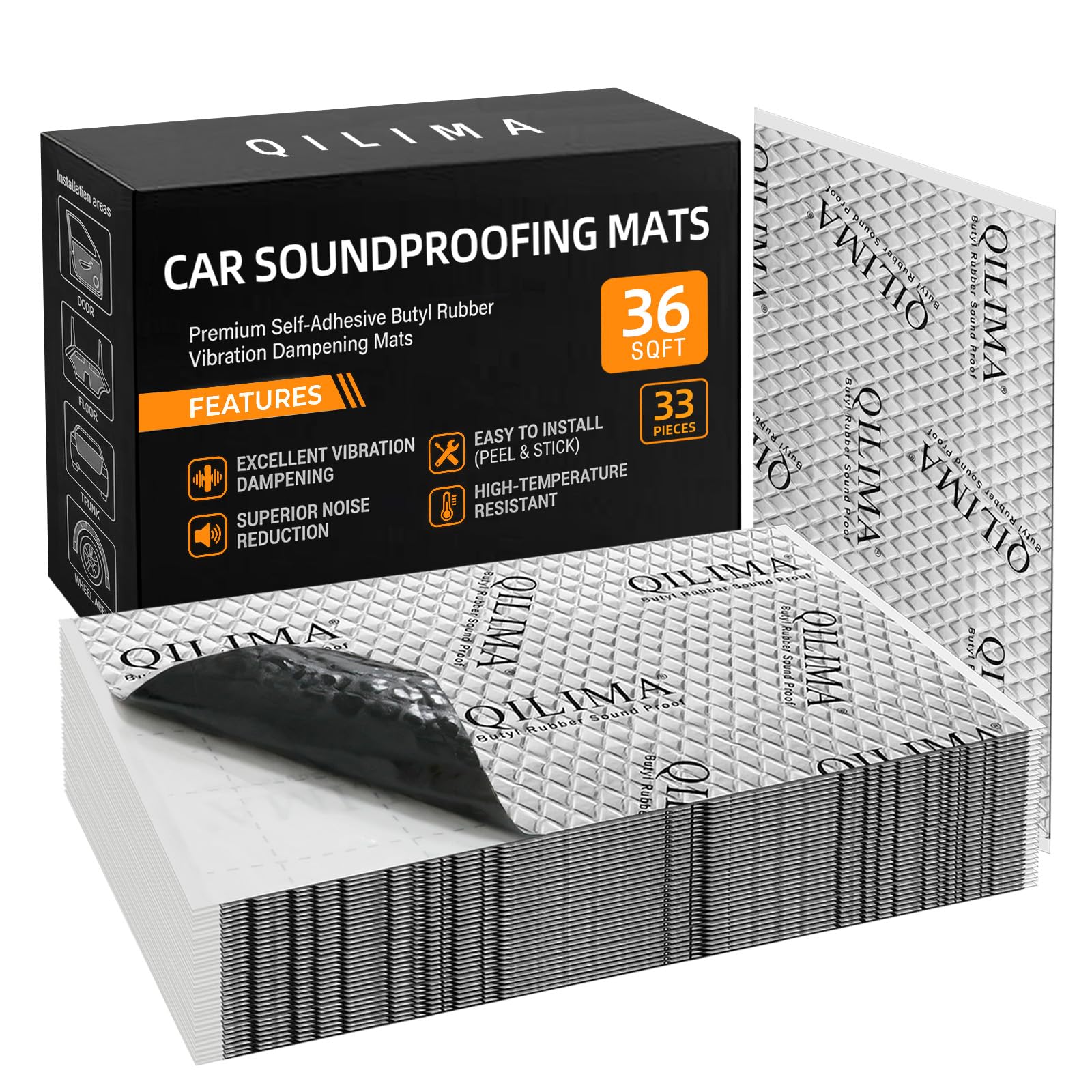 QILIMA Alubutyl Dämmmatte fürs Auto, 2mm Antidröhnmatte selbstklebend zur Schalldämmung, 250x400mm Isolierung gegen Lärm, 3,3 m² Gesamtfläche (33er Pack)