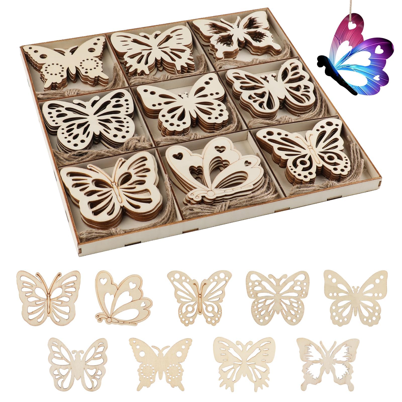 45 Pcs Wooden Butterfly Shapes for Crafts,3.5 Inch Unfinished Wood Cutouts,9 Designs Blank Wooden Embellishments for DIY Crafting, Card Making, Painting, Decorations