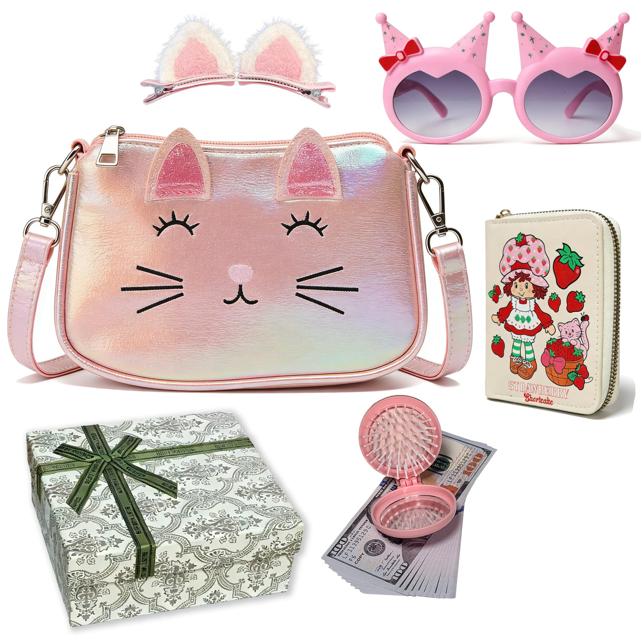 Gift for Girls 3-5 Year Old, Toddler Play Purse with Pretend Makeup for Little Girls , Kids Toy Purse Easter Birthday Gift for Girls Aged 3 4 5 6 ,Princess Toys with Cat Bag