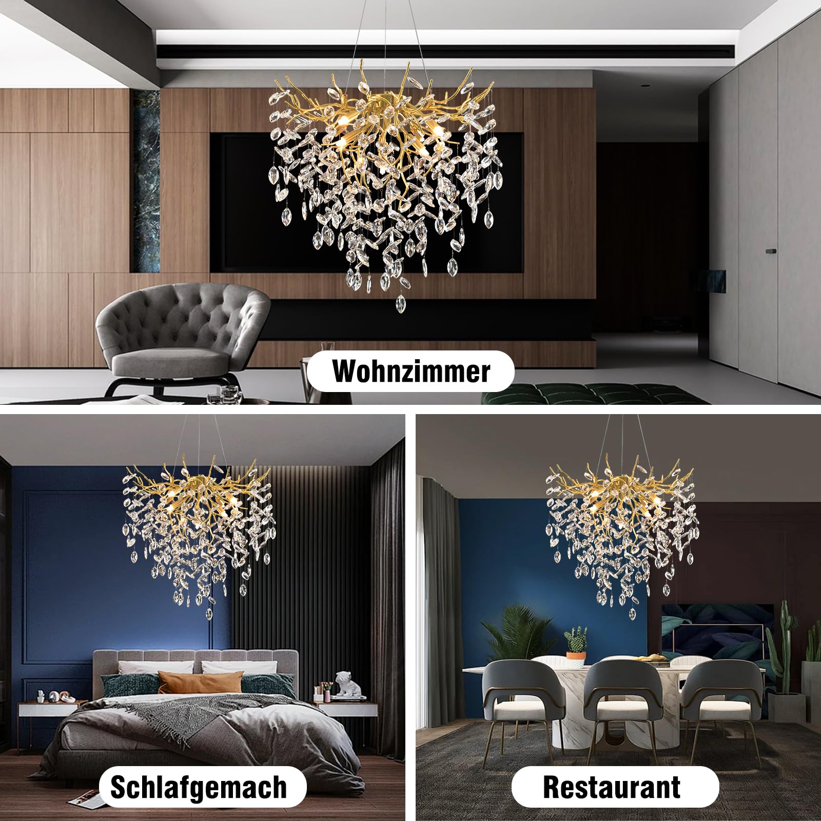AHXIAOZN Lámpara de Araña Moderna de Cristal, Dorado Lámpara Colgante Oval de Cristal, K9 Cristal colgante de iluminación para sala de estar, comedor, dormitorio, restaurante, Dorado, 60cm