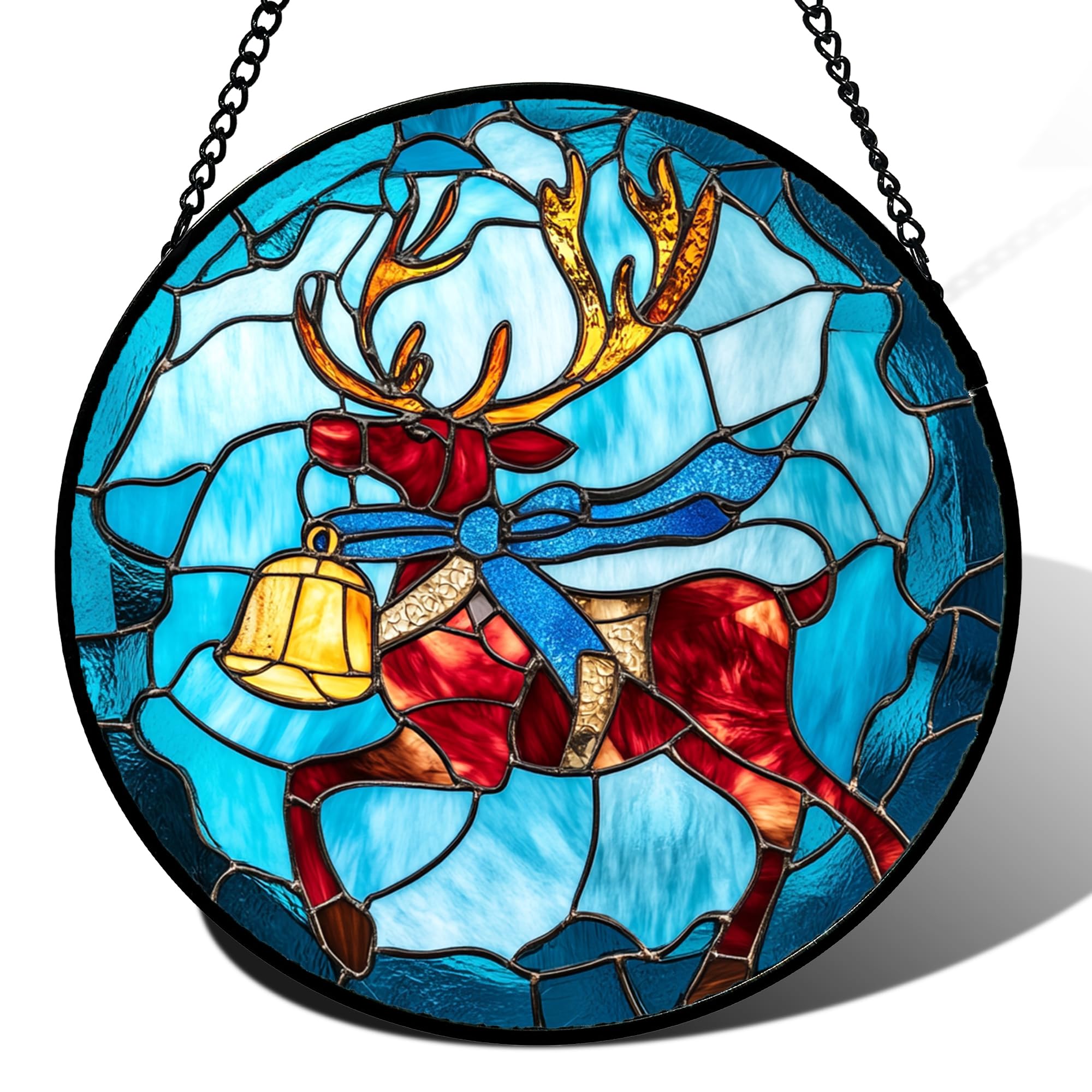 HWRHTR Stained Glass Window Hanging - Red Reindeer Bells Suncatcher for Doors Home Christmas Decoration Winter Sun Catcher Thanksgiving New Year