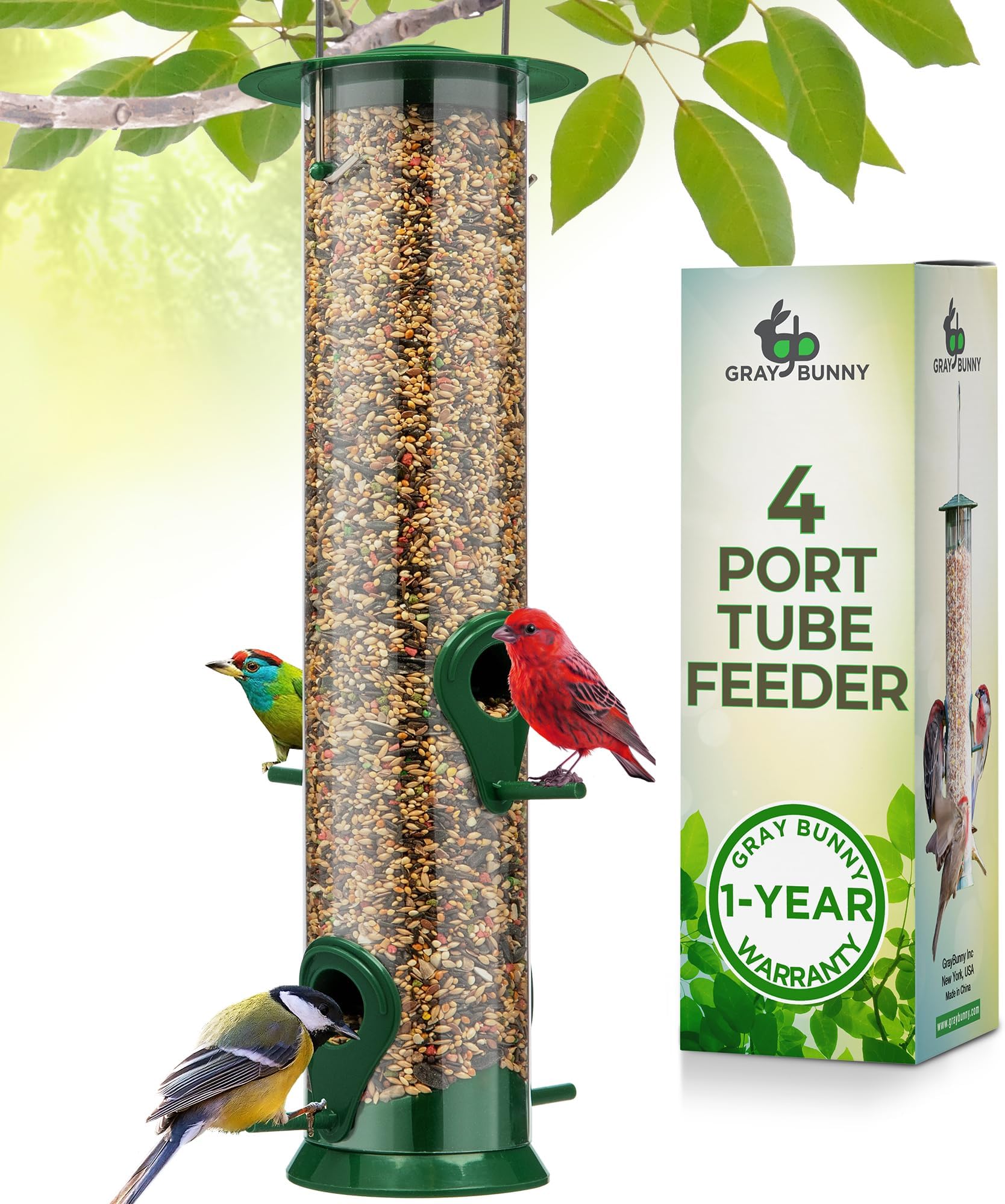 Gray Bunny 12 Inches Tube Bird Feeders for Outdoors Hanging, 4 Feeding Ports, Hard Plastic Bird Feeder Outdoor Weatherproof and 4" Steel Hanger, Wild Feeders, Finch Feeder, Outside Hanging
