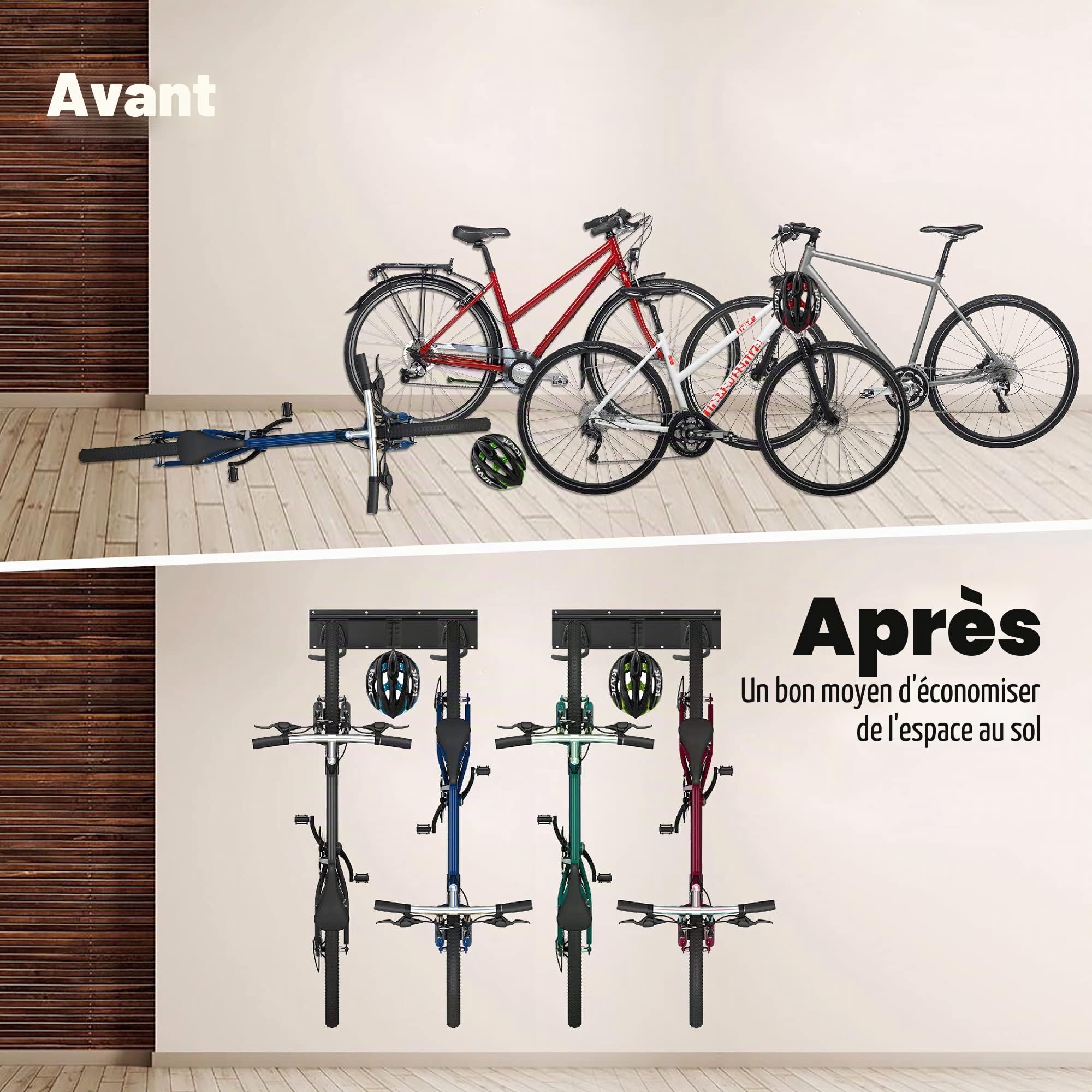 Sinoer support mural pour vélos,porte velo，rangement garage， support mural pour 4 vélos et 2 casques, crochet mural résistant en acier massif, 2 rails de 16 pouces.