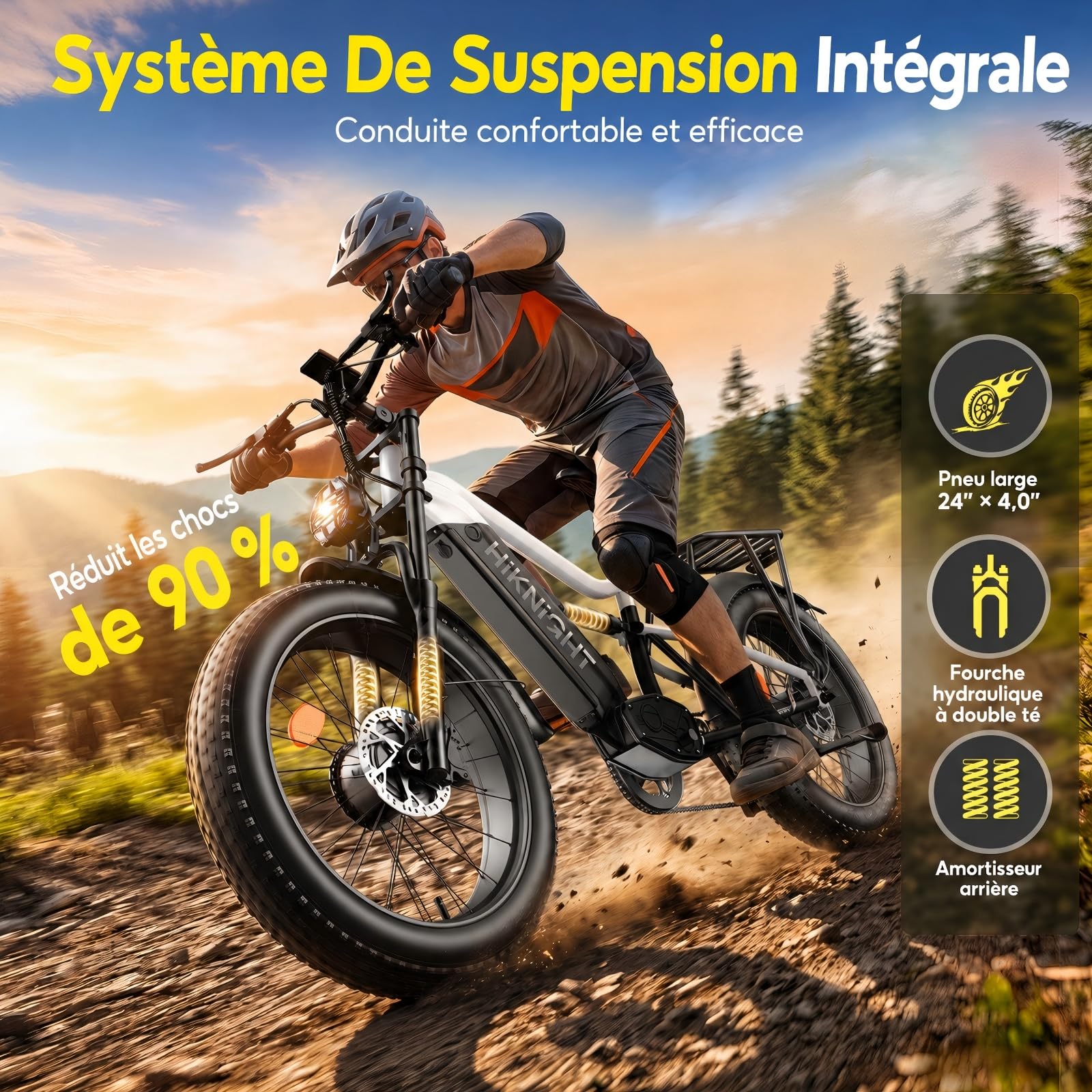Fat Bike Électrique Adulte 24×4,0", VTT Électrique Tout-Terrain, Double Moteur 250W, Couple 200 N.m, Batterie Amovible 52V 20Ah, Autonomie jusqu’à 130 km, Double Suspension, Freins Hydrauliques
