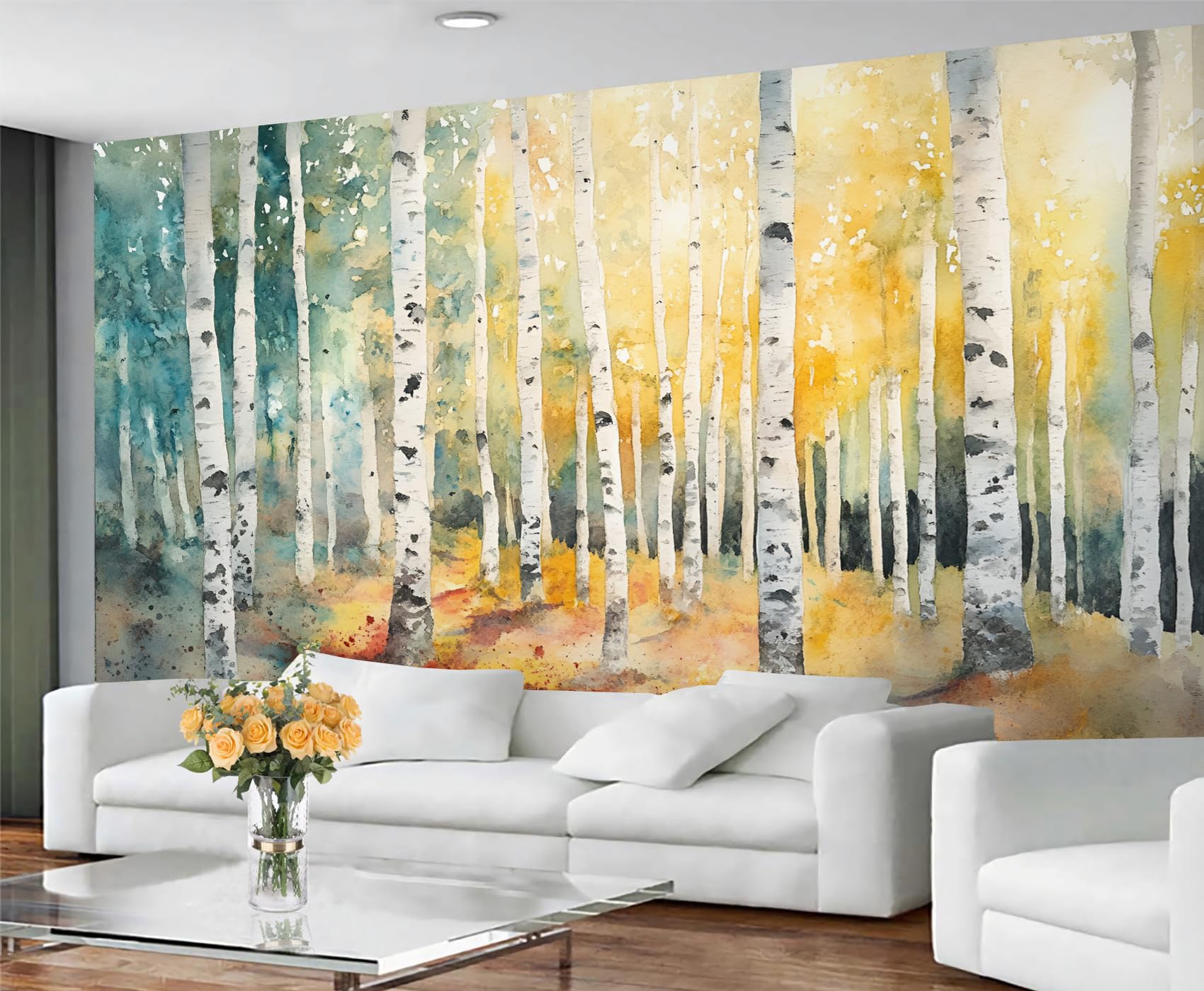 Papier peint bouleau autocollant lavable au motif paysage coloré
