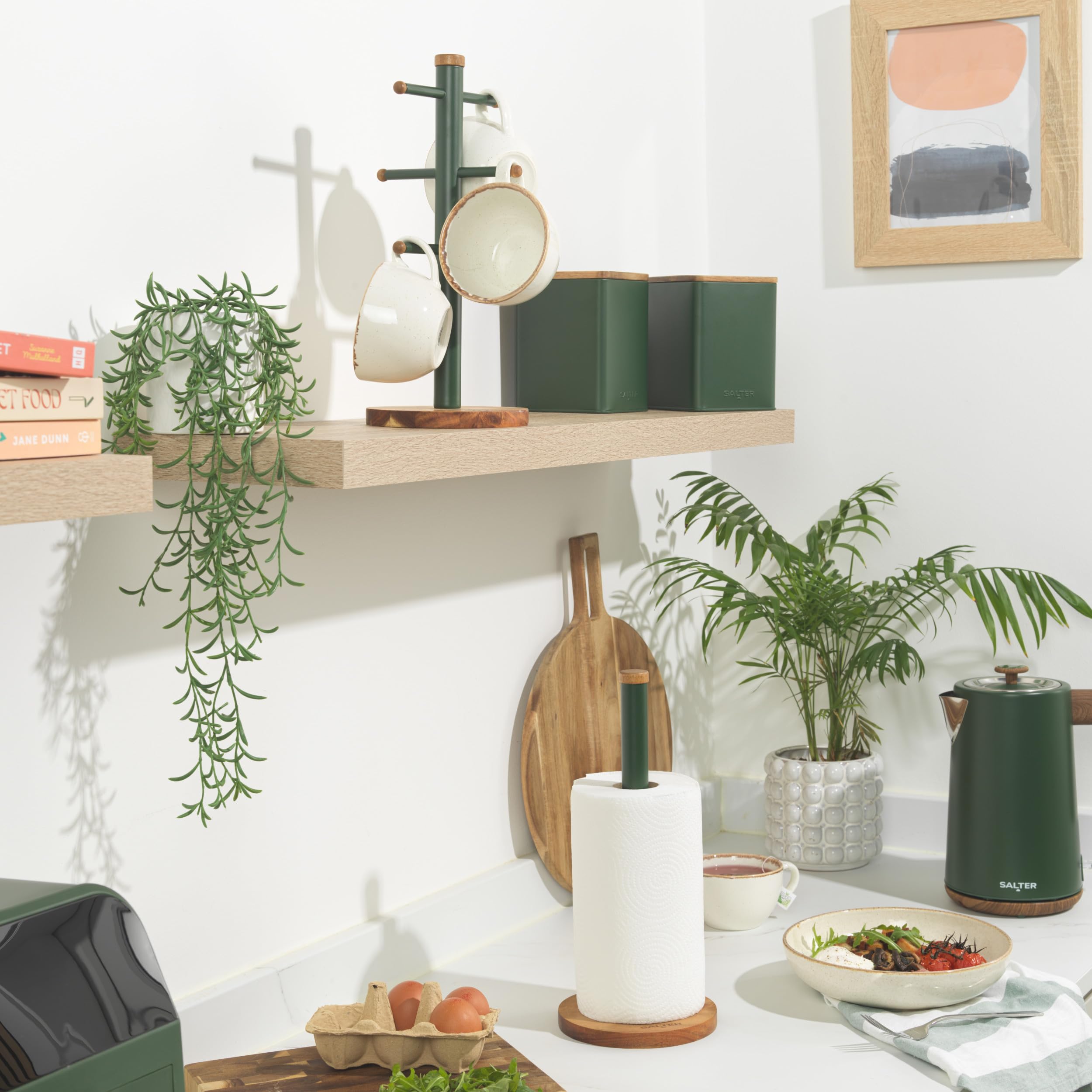 Salter Toronto Set de comptoir 4 pièces, boîte à pain et boîtes, vert | Finition mate thermolaquée, couvercles bois acacia, design carré/rectangulaire, nettoyage facile, thé café sucre