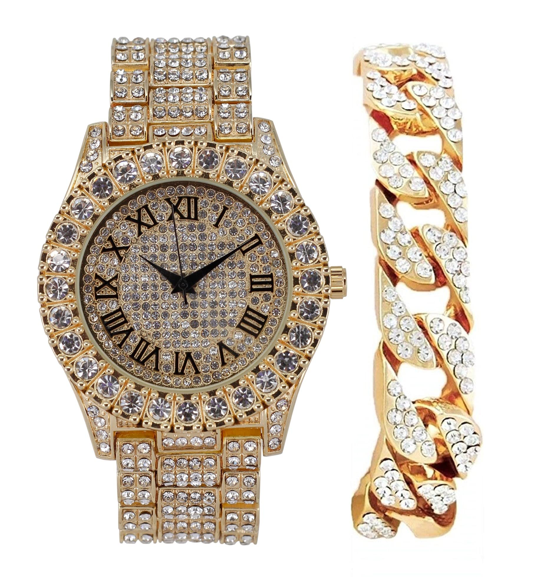 Charles Raymond Mens Silver Big Rocks with Roman Numerals Fully Iced Out Colorful Dial Watch w/Bling'ed Out Cuban Shiny Silver Bracelet - ST10327 RN Cuban