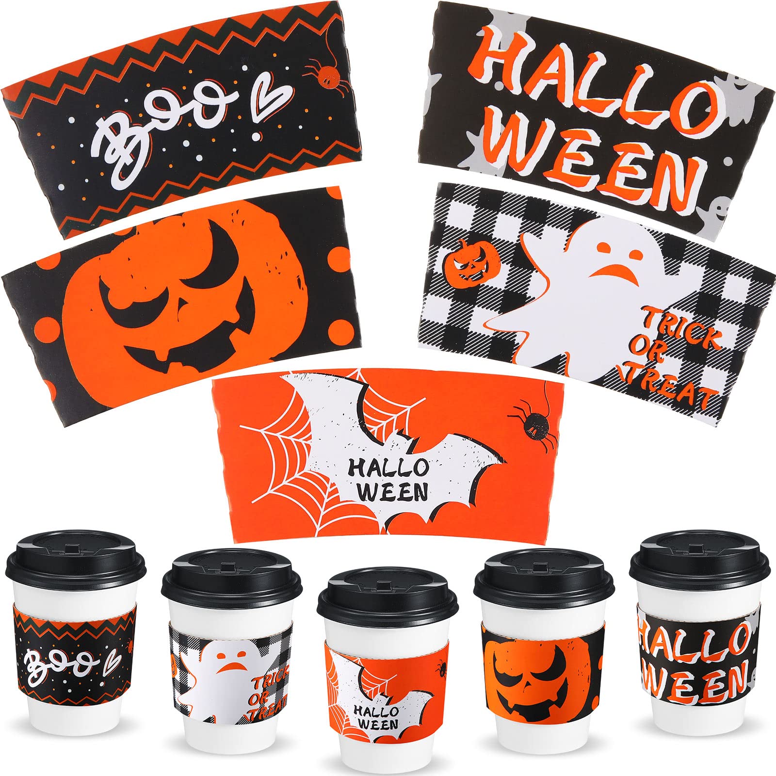 50 Pieces Halloween Coffee Sleeves Disposable Coffee Cups Sleeves Paper Cup Sleeves Hot Chocolate Cocoa Cup Sleeves Hot Cup Sleeves Jackets Holder for 12 oz 16 oz Coffee Cups Halloween Party Supplies