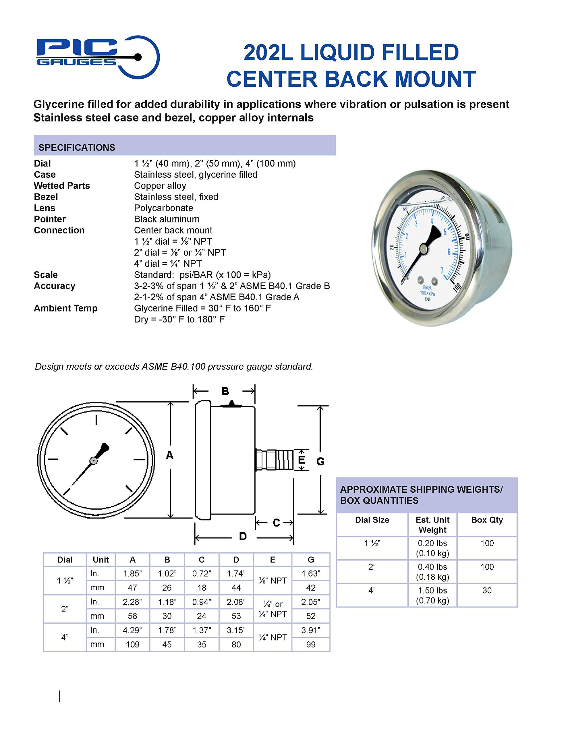 PIC Gauge 202L-204F 5.1 cm tarcza, zakres 0/160 psi, 1/10.2 cm męski rozmiar połączenia NPT, środkowy tylny manometr wypełniony gliceryną z obudową ze stali nierdzewnej, mosiężne elementy wewnętrzne