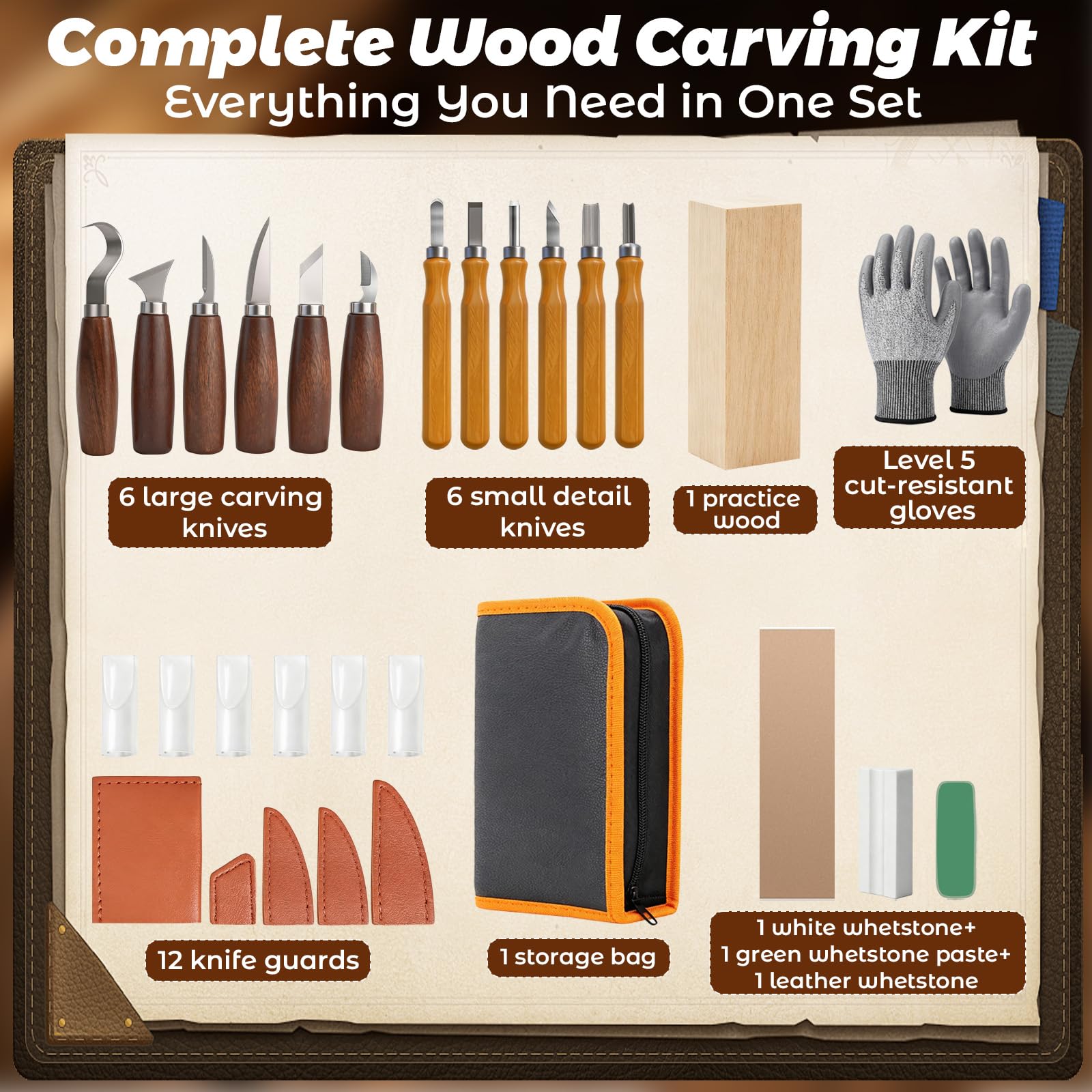 HA BIN Kit Tallado Madera 30 Piezas, Gubias y Cuchillos para Tallar Madera con Piedra de Afilar, Cuero, Guantes y Bolsa – Juego de Herramientas para Principiantes Adultos