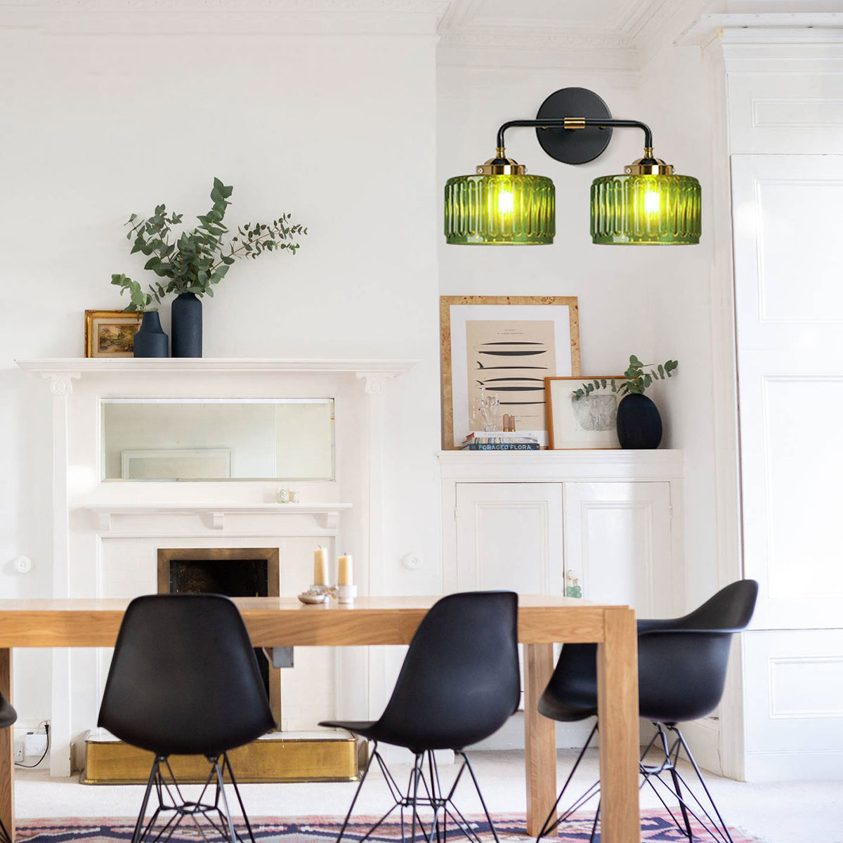 Image of Bathroom Light fixtures Mid Century Wall Sconce 2-Lights with Green Striped Shade Glass Wall Mount Light Modern Vanity Lights for Over Mirror Bedroom Hallway Overhead