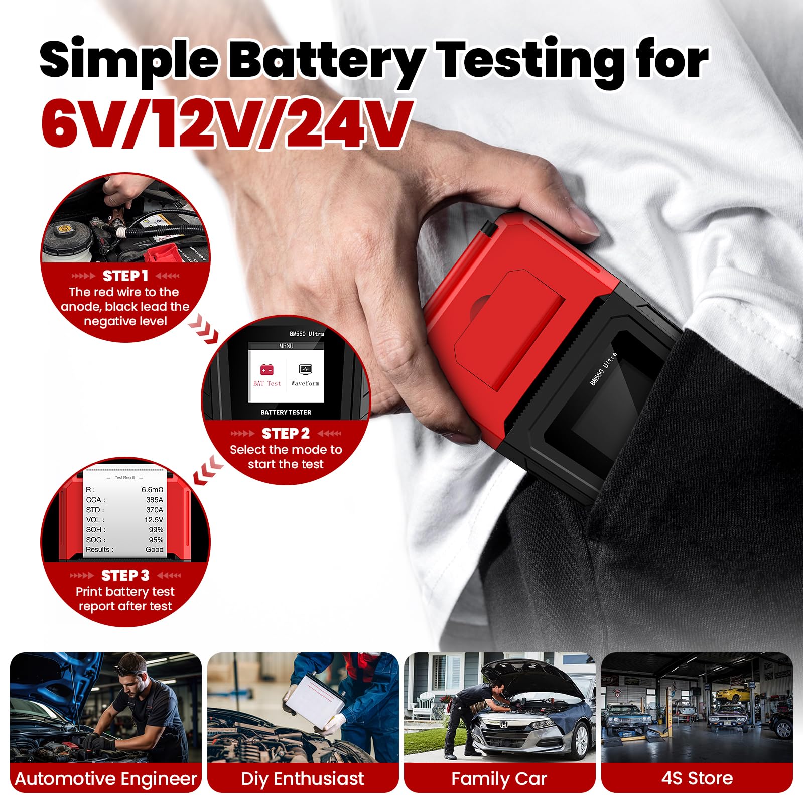 BM550U Testeur Batterie Voiture avec Imprimante Intégrée,Testeur De Batterie Voiture 6v 12v 24v,100-2000 CCA 2-200AH Testeur D’Alternateur Automobile,Pour Voiture Camion Suv Moto Bateau