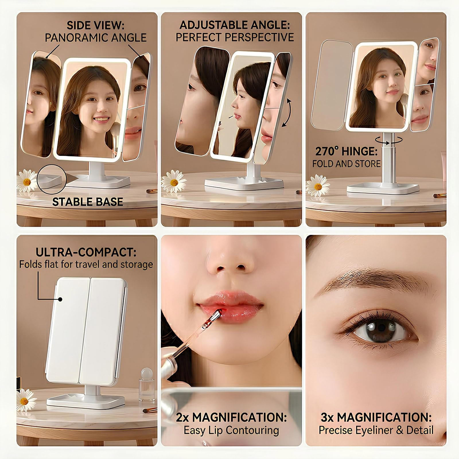 Espejo de Maquillaje LED Plegable, Espejo Cosmético Recargable con Aumento 1X/2X/3X, 3 Modos de Iluminación, Brillo Regulable, Control Táctil(Blush)