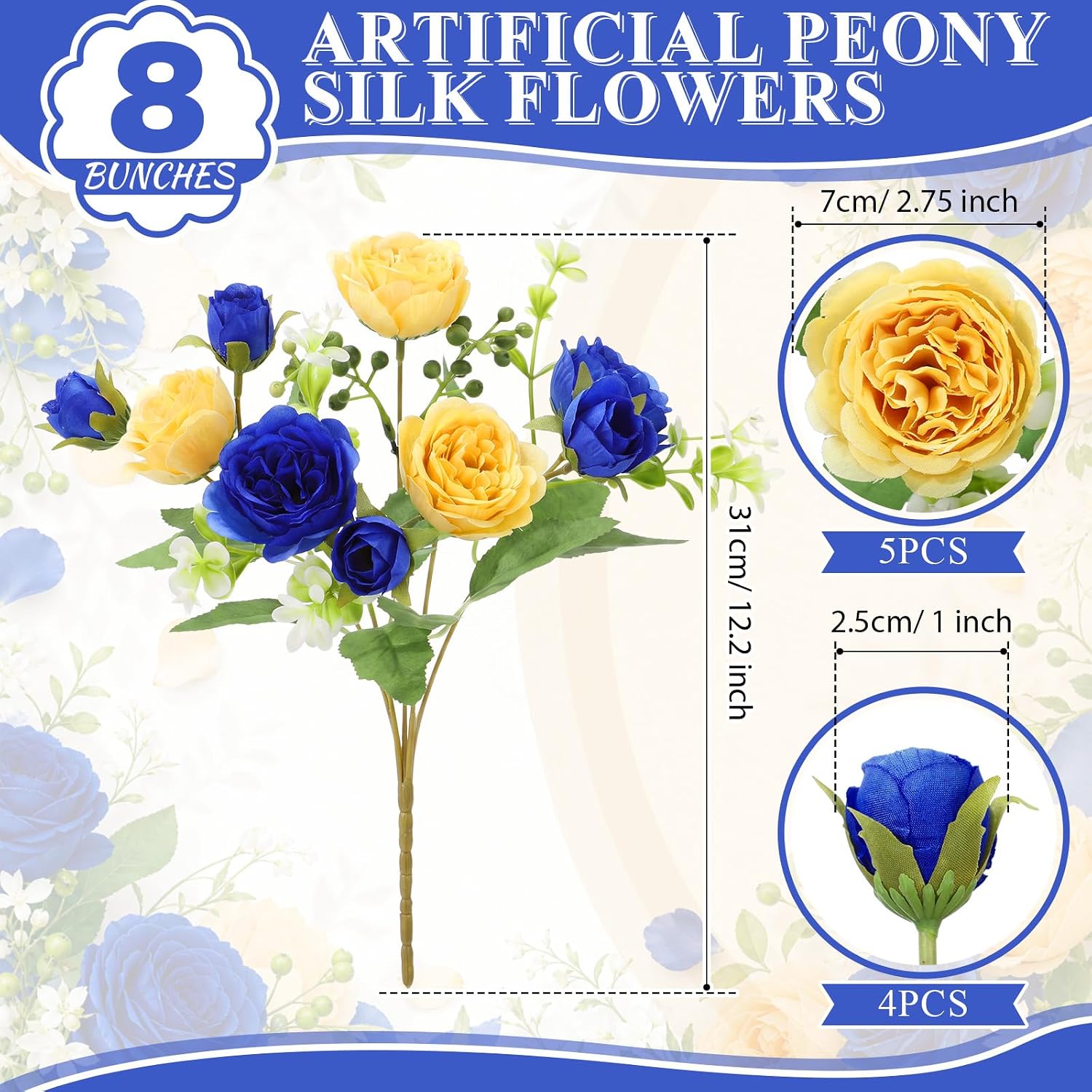 8 Bundles Artificial Peony Centerpiece Flowers,Royal Blue, Yellow image 2