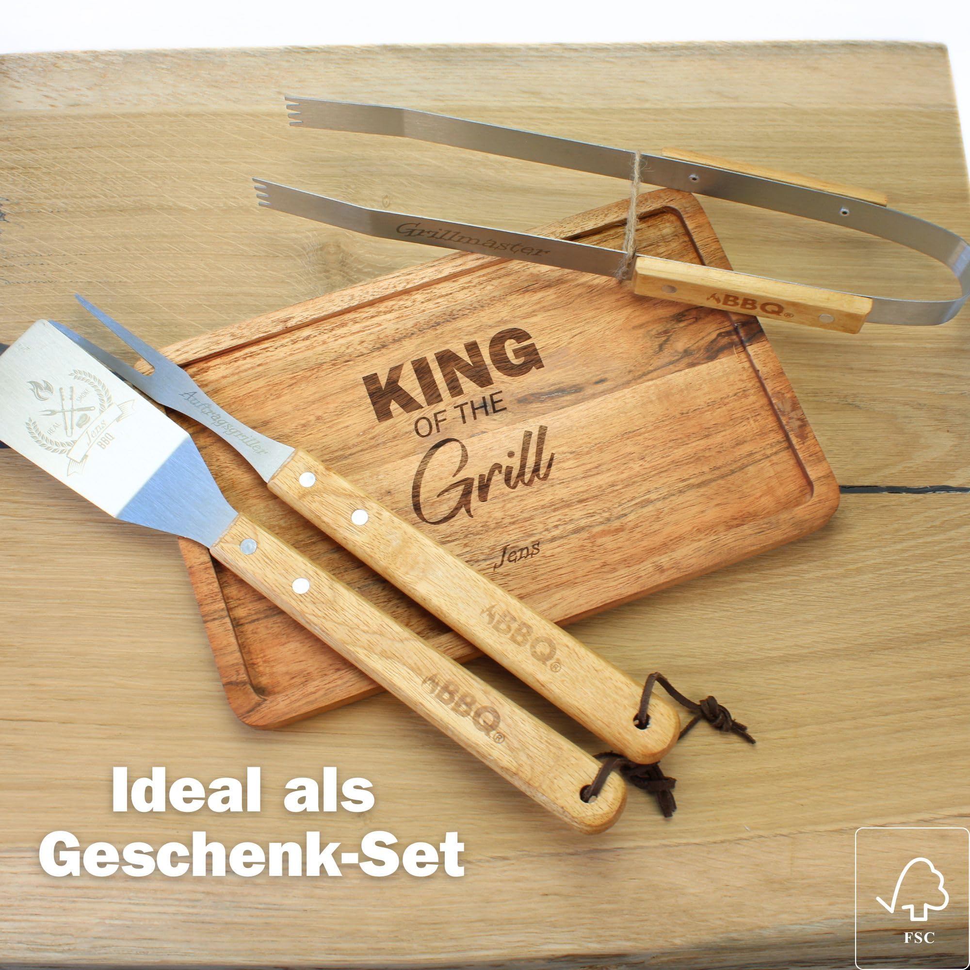 Grill-Set mit Gravur Edelstahl – BBQ Geschenkset OPTIONAL mit Akazienbrett – Grillzubehör für Männer Vater Geburtstag Opa Freund Vatertag (Set 4)