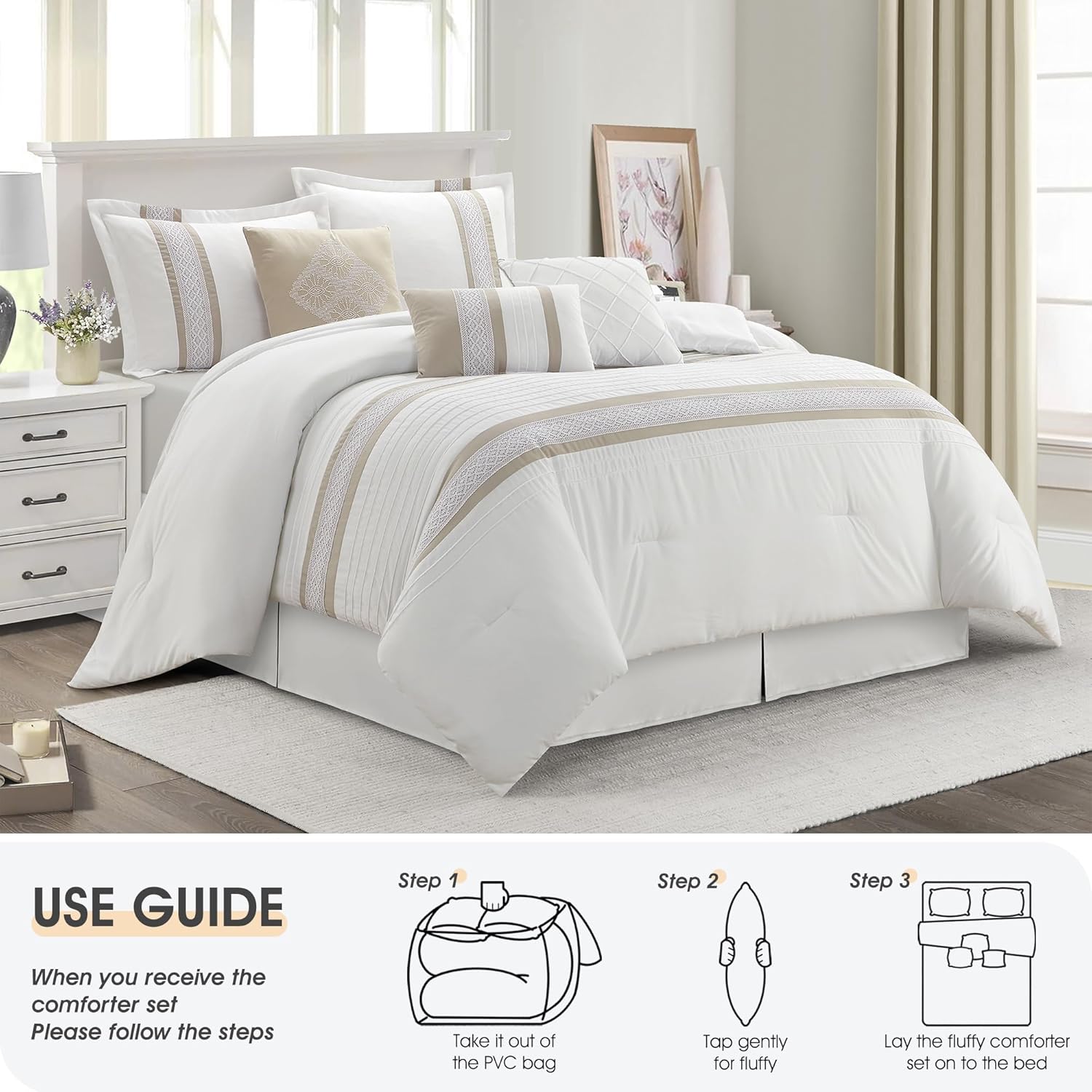 7 Piece Comforter Set, Taupe White, California King, Boho Style Geometric Microfiber Embroidery, Bed in a Bag with Bedskirt, Pillow Shams and Decor Pillows - Image 6