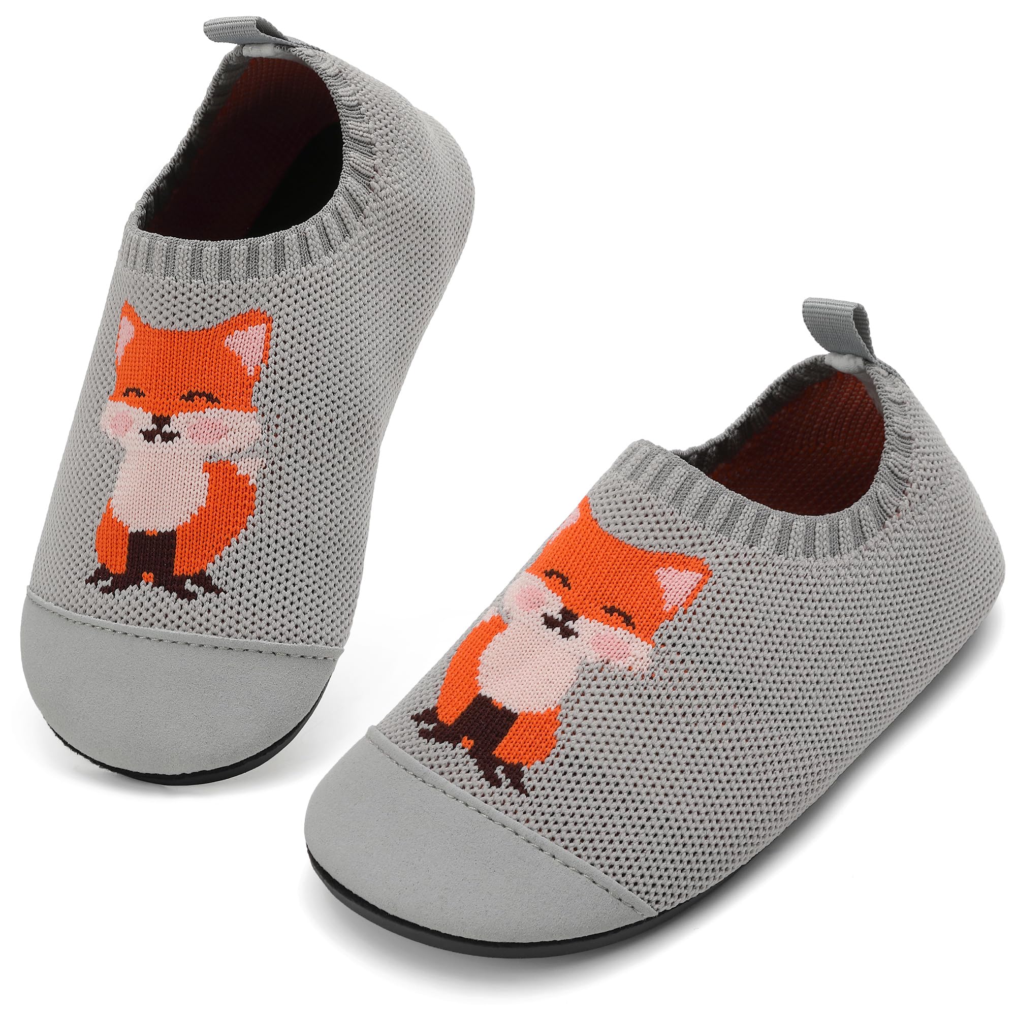 VOLHAL Hausschuhe ​Kinder Mädchen Junge Barfussschuhe Pantoffeln Lauflernschuhe ​Rutschfest ​Kindergarten für Atmung saktive​ Weich Kleinkinder Schuhe ​Unisex(Fuchs Grau 29EU)