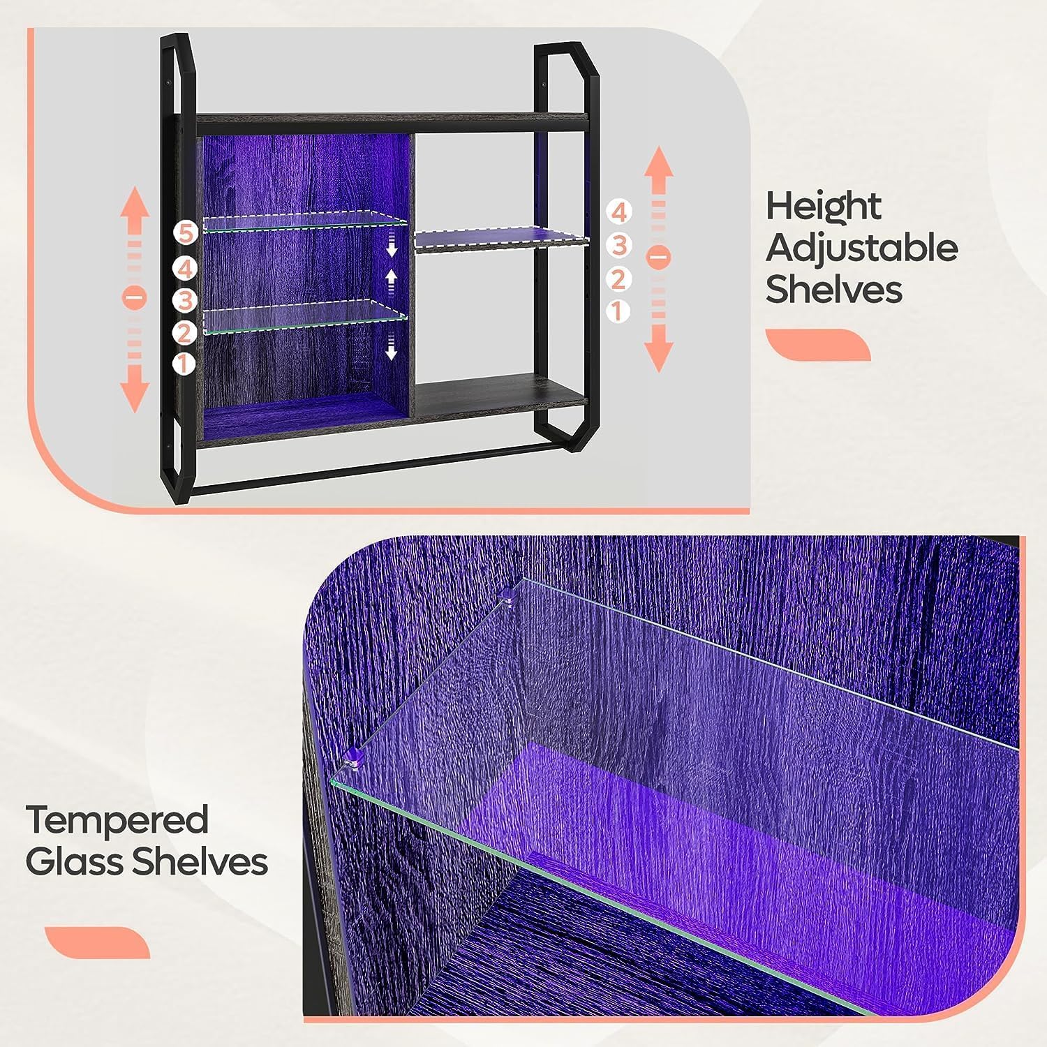 Gaming Estantes Flotantes,84CM LED Estante Montado en la Pared con Estante de Vidrio Ajustable,Estantes de Tubo Colgando Estante de Exhibición de Libros con 6 Gancho en forma de S,Juegos Vino Café Bar