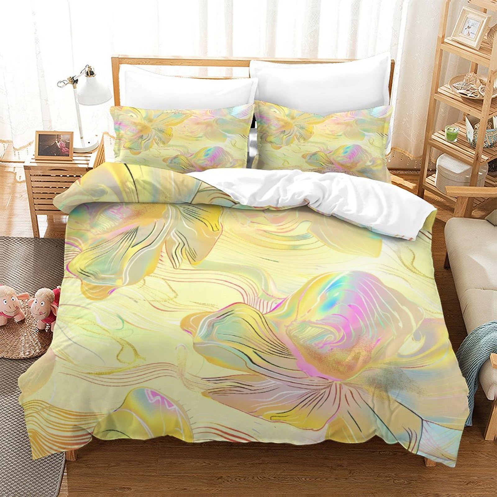 P1S9U7W5Y Pastel Floral 3D Printed Microfiber 3pcs Duvet Cover Set Abstract Yellow Flower Bedding Set Super king（260x220cm）