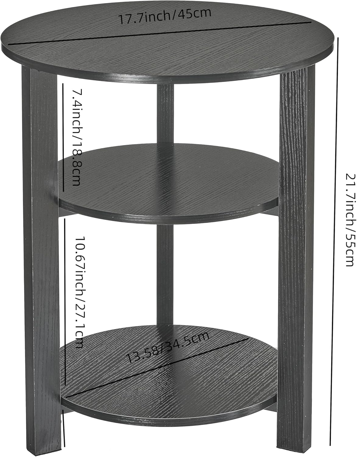 Farmhouse 3-Tier Round Side Table,17.7*21.7inch End Table with Open Storage,Modern Couch Accent Table Circular Nightatand for Living Room,Bedroom,Office,Wooden Table for Narrow and Small Spaces,Black