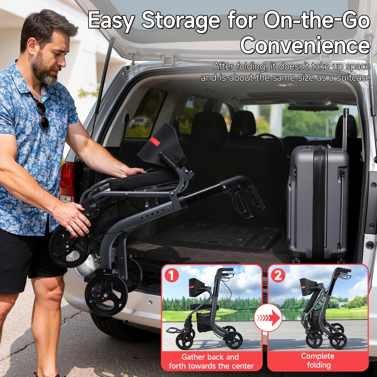 Andador plegable ligero para personas mayores de 8 pulgadas, altura regulable de 31 a 36 pulgadas, sistema de frenado doble, ruedas de goma de 360°, aluminio, capacidad de carga de 100 kg, color
