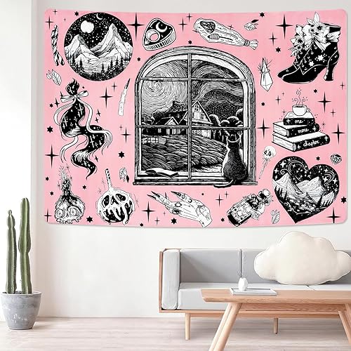 Miniatura 3 de Krelymics Tapiz rosa con diseño de bruja mágica, para ventana de dormitorio, dormitorio universitario (59.1 x 82.7 pulgadas)