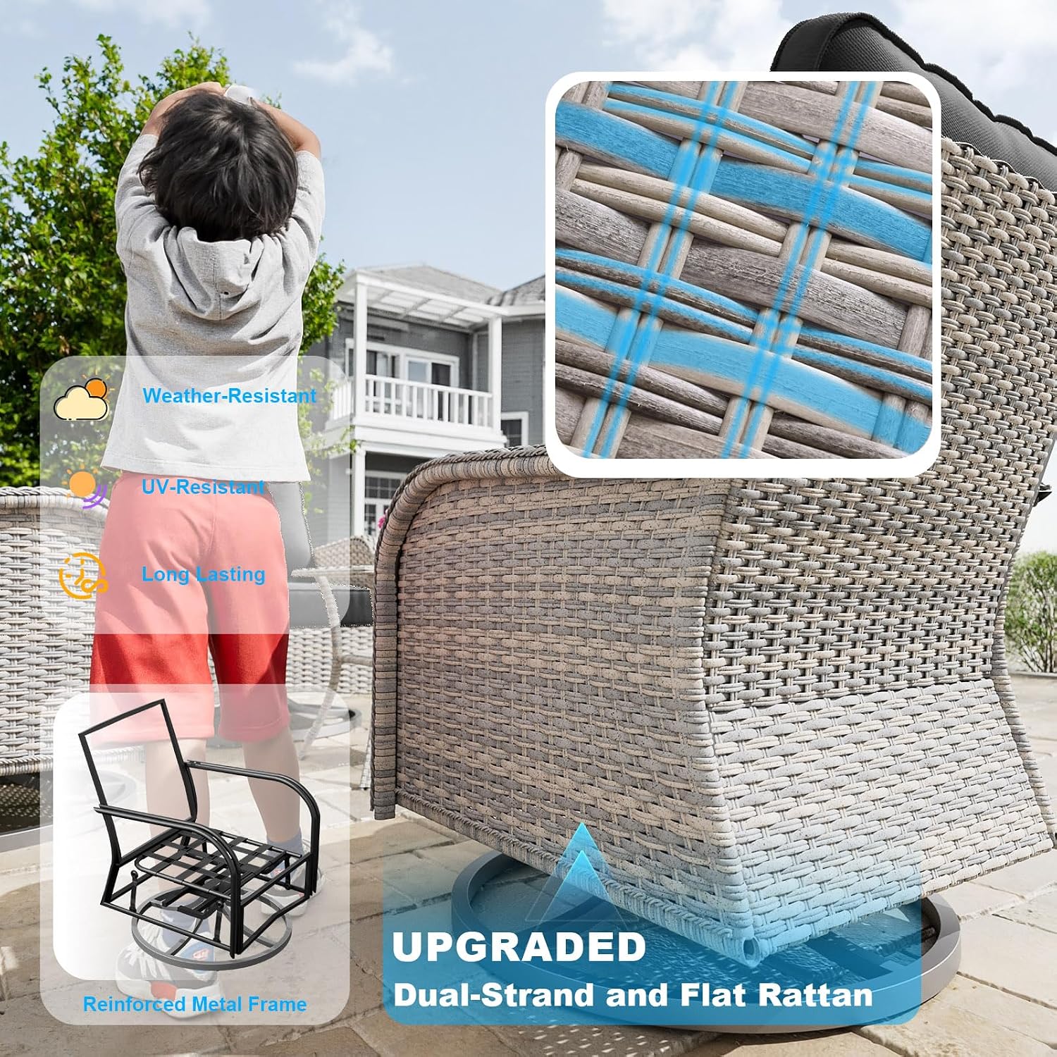 3-Piece Small Patio Furniture Set, Outdoor Swivel Rocking Chairs Set with Wicker Chairs and Tempered Glass Side Table, Outdoor Furniture Patio Bistro Set for Balcony, Deck, Porch