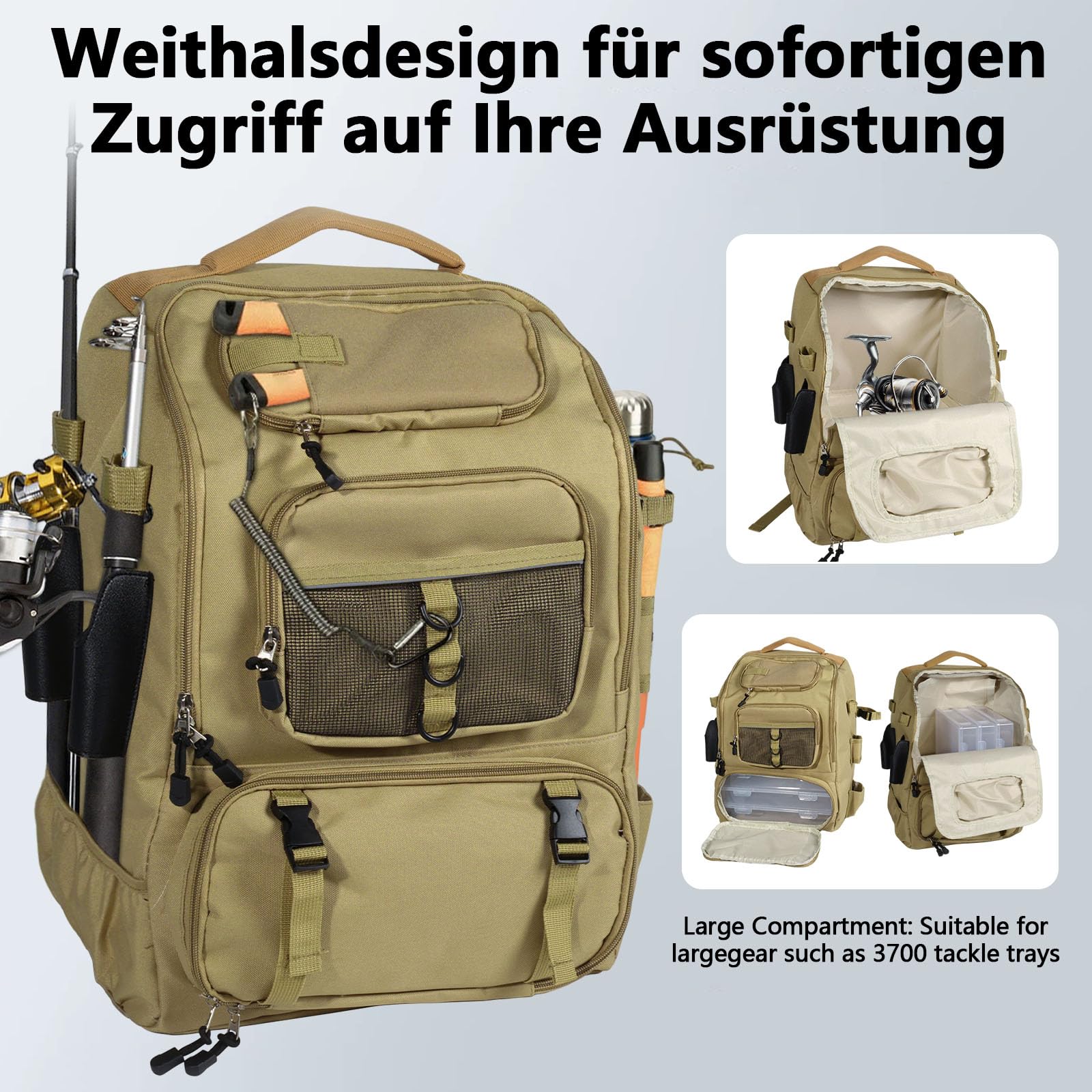 40L Angelrucksack Mit Angelrutenhalter, Wasserdichtes Oxford-Gewebe Angeltasche, Multifunktional Angel Rucksack für Angeln, Jagen und Wandern Verwendet.