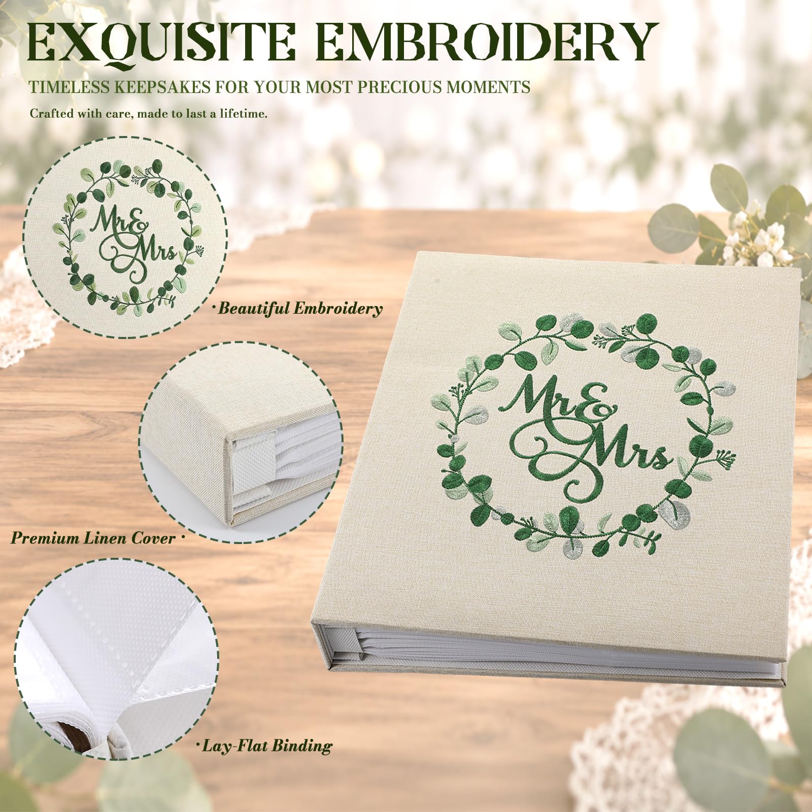 MotiMind Eucalyptus Leaf Embroidered Linen Wedding Photo Album 12.99x11.81 Inches with 400 Pockets Vintage Wedding Memory Book for Engagement Photo Honeymoon Keepsake Couple Anniversary