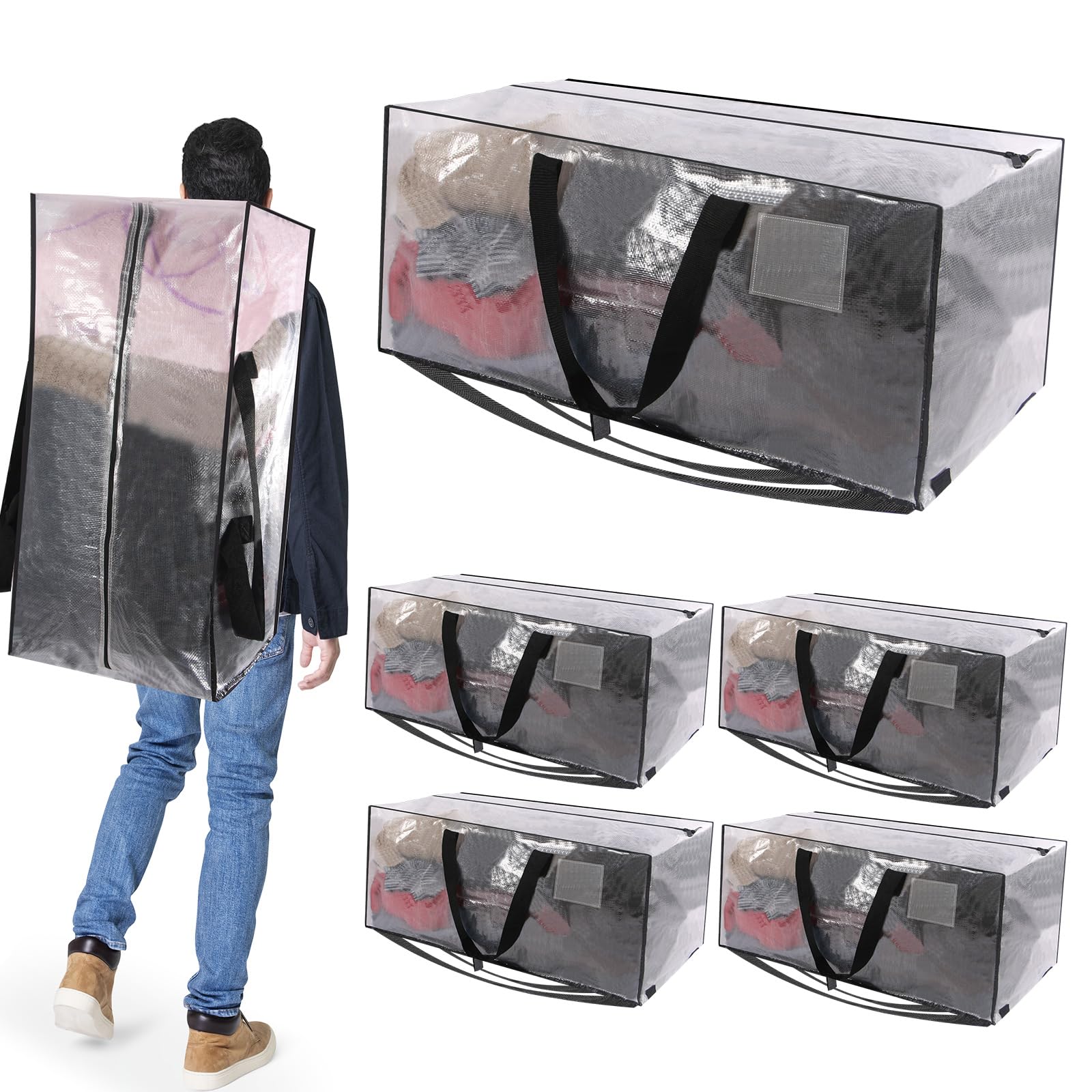 6 Pack Extra Large Moving Pockets, Clear Heavy Duty Storage Container Tote with Backpack Straps Strong Zipper & Carrying Handles, Moving Boxes for Space Saving Reusable Foldable Oversized Bins