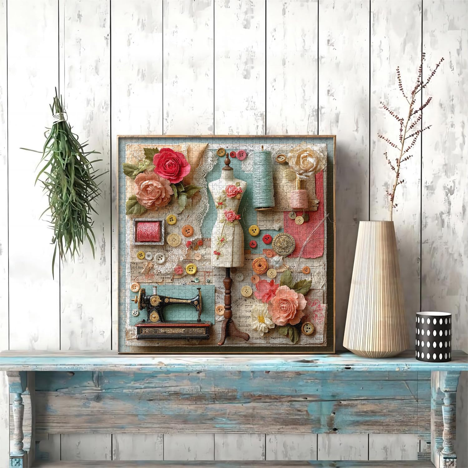 Floral Sewing Atelier Jigsaw Puzzle 1000 Pieces, Vintage Sewing Machine Puzzles for Adults 1000 Pieces, Patchwork Quilt Flower Puzzle as Wall Art