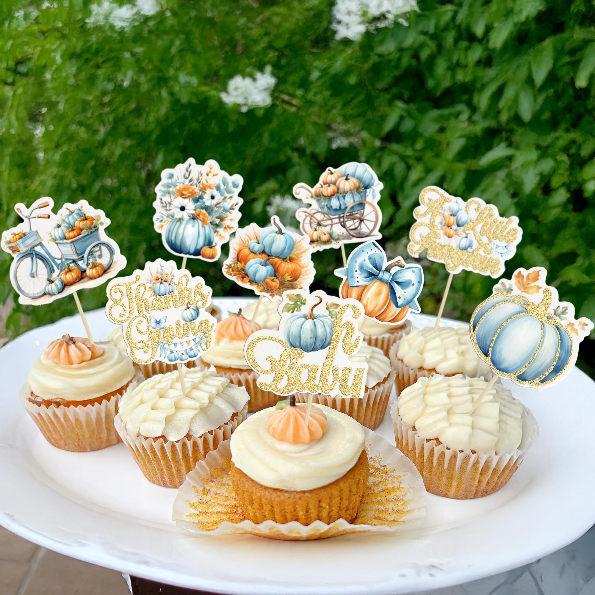 Gyufise 36Pcs Pumpkin Oh Baby Cupcake Toppers Little Pumpkin Baby Shower Cake Decorations Fall Floral Cake Topper Picks for Thanksgiving Halloween Gender Reveal Party Supplies Blue - Image 4