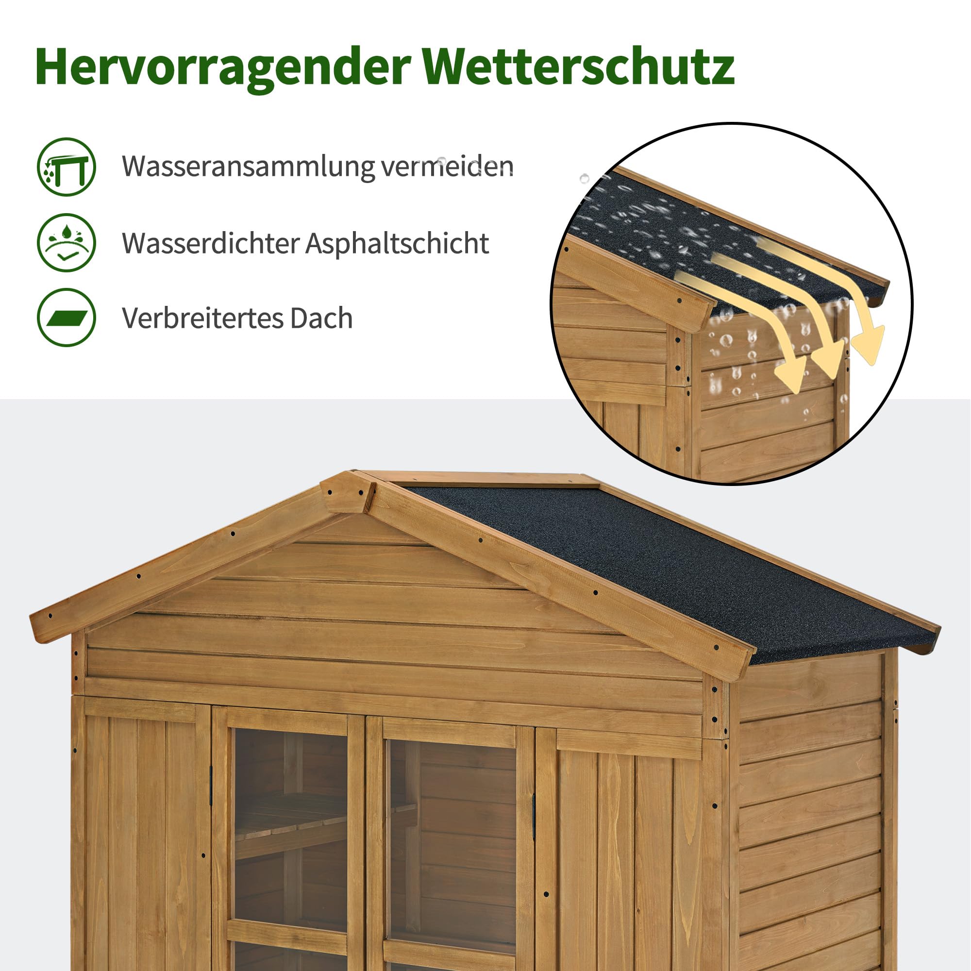 M MCombo Gartenschrank Gartenhaus Holz Wetterfest, Geräteschrank Holzschrank Outdoor Wasserdicht Begehbar, für Außenbereich Balkon Terrasse, Gerätehaus mit 6 Feste Regale 74×143×200 cm (Natur)