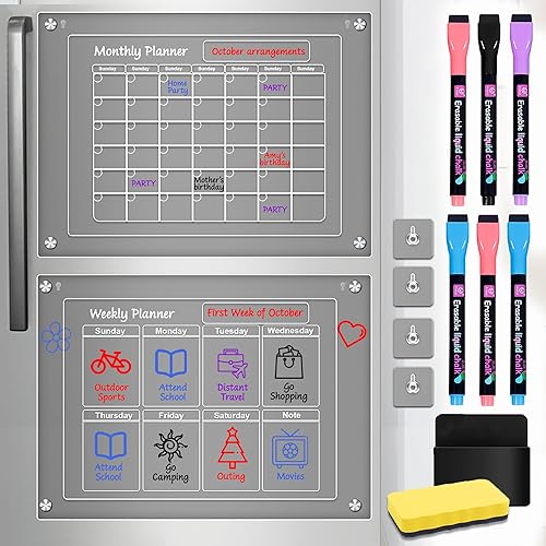 Paquete de 2 calendarios magnéticos para refrigerador, con impresión UV, calendario acrílico mensual y semanal de 16 x 12 pulgadas para refrigerador