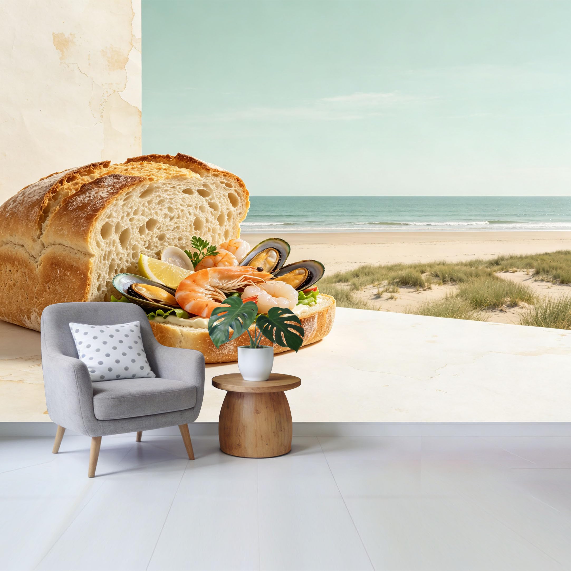 Qzlithotic Yq2605250489 Custom Size Wall Mural Seafood Shrimp Mussel Bread Sandwich Coastal Ocean Landscape Selfadhesive Wall Fabric Removable Wallpaper For Home Office Decor