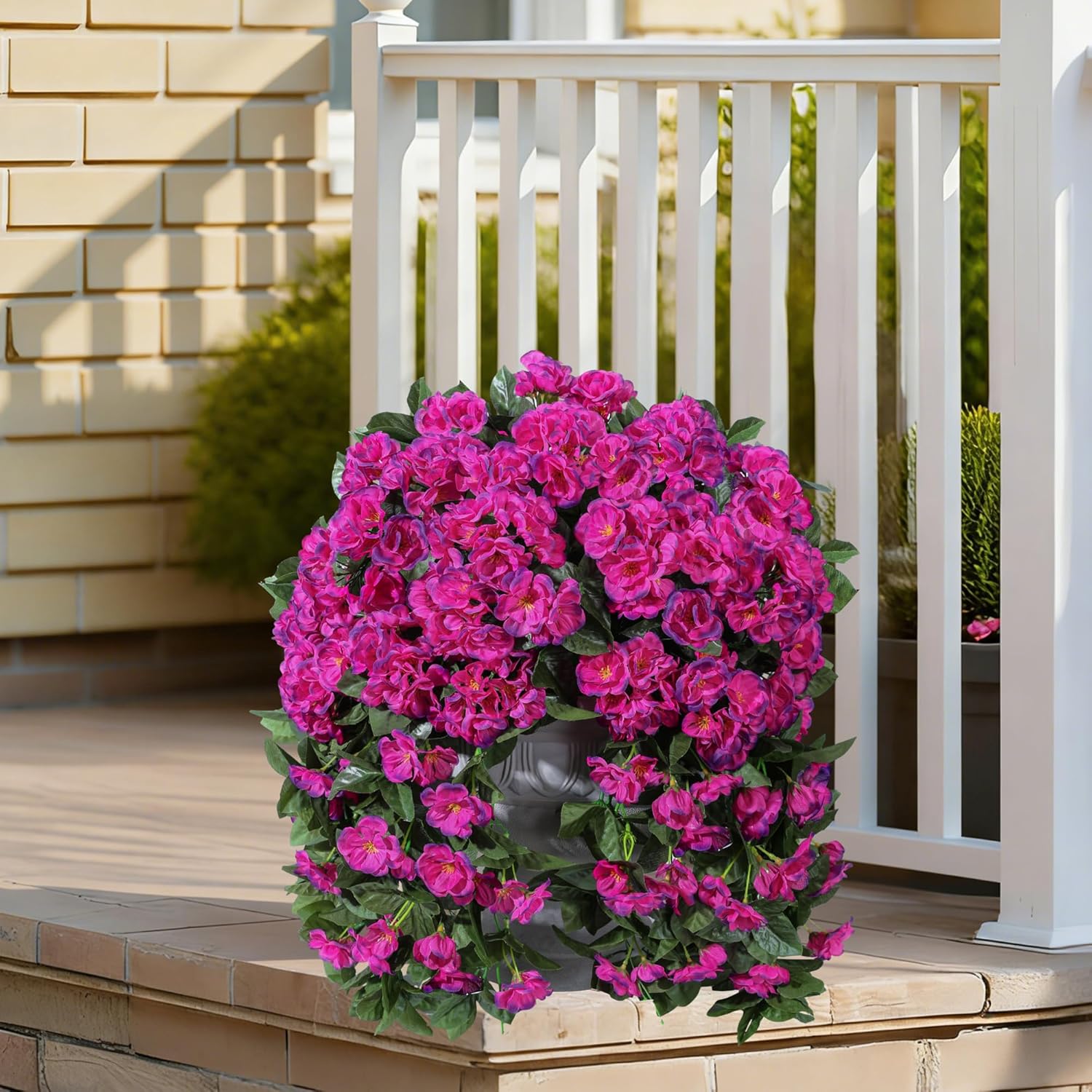 Artificial Geraniums Flowers Faux Plants for Outdoors Outside Spring Decor, 2 PCS UV Resistant Fake Silk Hanging Flowers Long Trailing Vines Look Real for Outdoor Planters Patio Porch Garden, Fuchsia